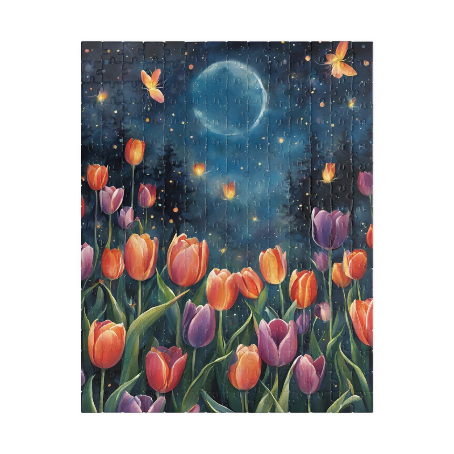 Moonlit Tulip Garden Puzzle, Glowing Tulips and Fireflies Tranquil Night Fantasy Adult Jigsaw Game, Nature-Inspired Gift for Puzzle Fanatic 252 pcs (Vertical) Puzzle The Puzzle Chest