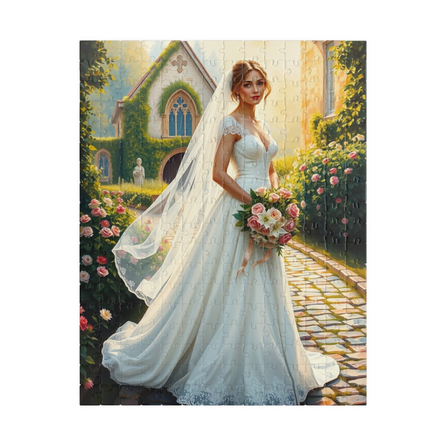 Elegant Italian Bride Jigsaw Puzzle, White Gown Rose and Lily Bouquet, Tuscan Chapel Romantic Wedding, Unique Puzzle Enthusiast Gift Hobby 252 pcs (Vertical) Puzzle The Puzzle Chest