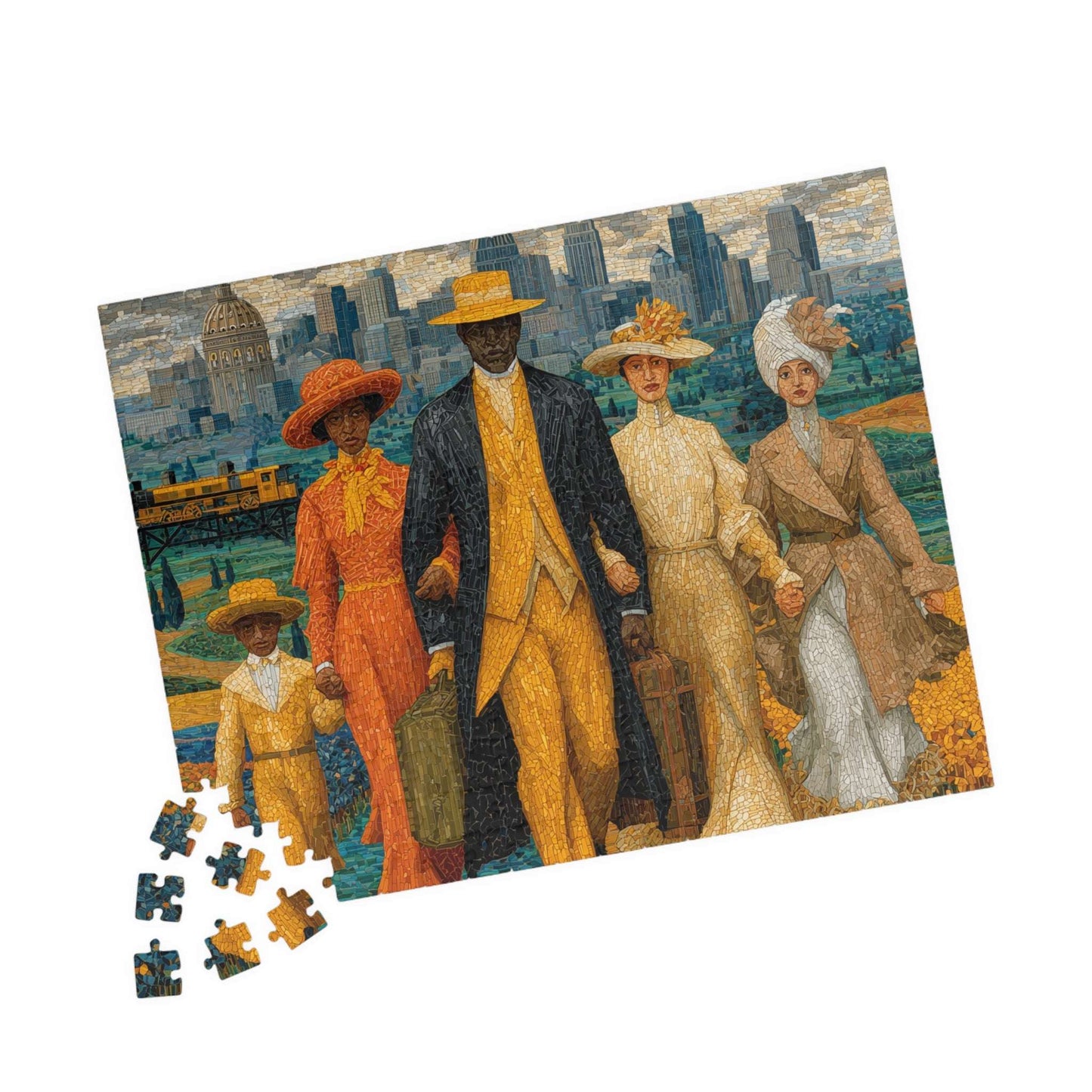 Afrocentric Jigsaw Puzzle - African American Migration Scene with Families, Fields & Urban Background 252 pcs (Horizontal) Puzzle The Puzzle Chest