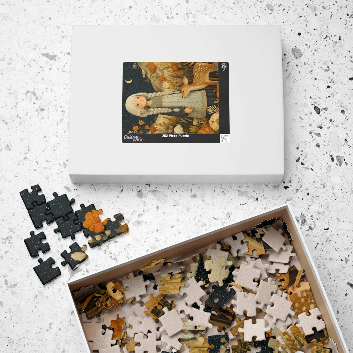 Starlit Meadow Jigsaw Puzzle – Whimsical Autumn Puzzle for Adults, Girl with Fawn Under Starry Sky Puzzle The Puzzle Chest