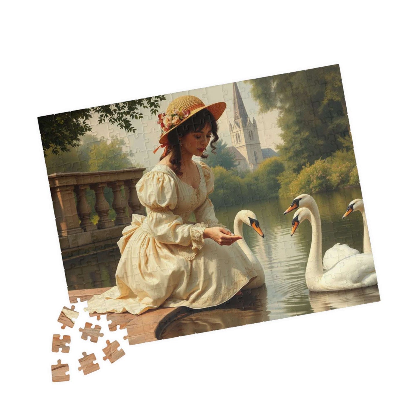 Victorian Lady Feeding Swans by the Pond - Elegant 19th Century Jigsaw Puzzle Scene 252 pcs (Horizontal) Puzzle The Puzzle Chest