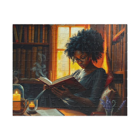Cozy Reading Jigsaw Puzzle - Black Woman Art Lover Gift for Friend Holiday Birthday, Home Entertainment for Family or Solo Fun 110 pcs (Horizontal) Puzzle The Puzzle Chest