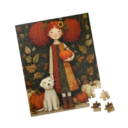 Pumpkin Patch Storybook Fairy-Tale Puzzle – Red-Haired Girl and White Terrier in a Whimsical Autumn Scene 110 pcs (Vertical) Puzzle The Puzzle Chest