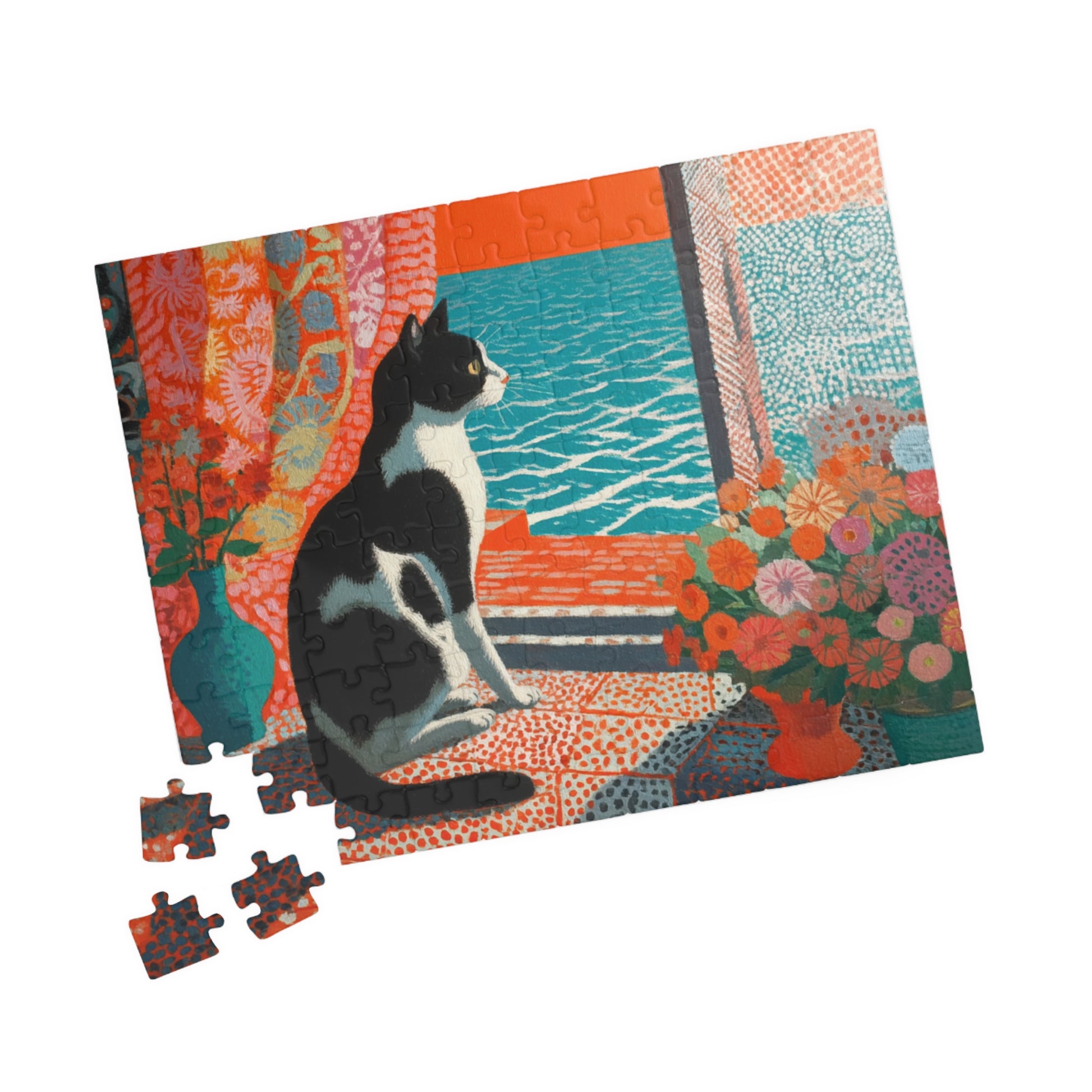 Cat by the Open Window – Fauvist Interior Cat Jigsaw Puzzle, Animal Theme Seaside Art Puzzle, Matisse-Inspired 110 pcs (Horizontal) Puzzle The Puzzle Chest