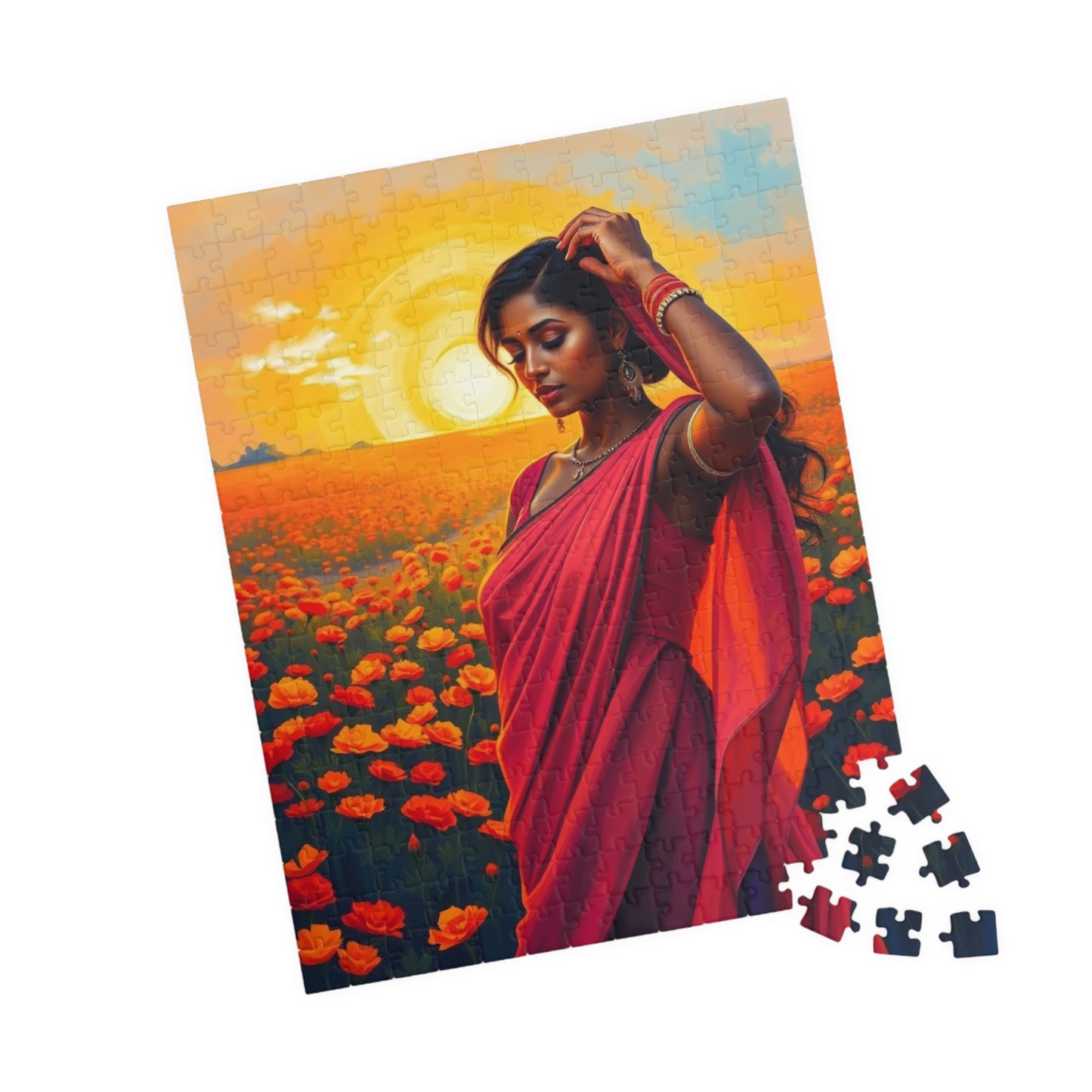 Jigsaw Puzzle, South Asian Woman in Marigold Field Sunset, 110 252 520 1014-Piece, Meditation Relaxation Activity, Mindfulness Gift, Ethnic Puzzle The Puzzle Chest