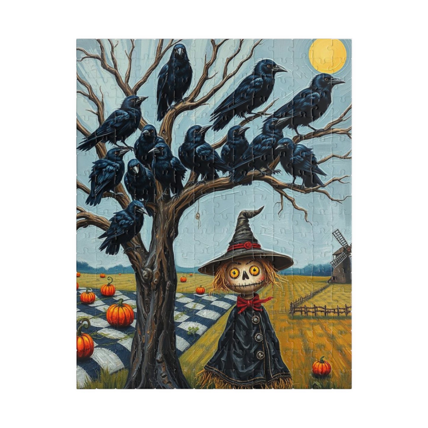 Feathered Frenzy Jigsaw Puzzle - Scarecrow and Crows, Halloween Fun Family or Solo Activity, Fall Holiday Birthday Gift for Puzzle Lover