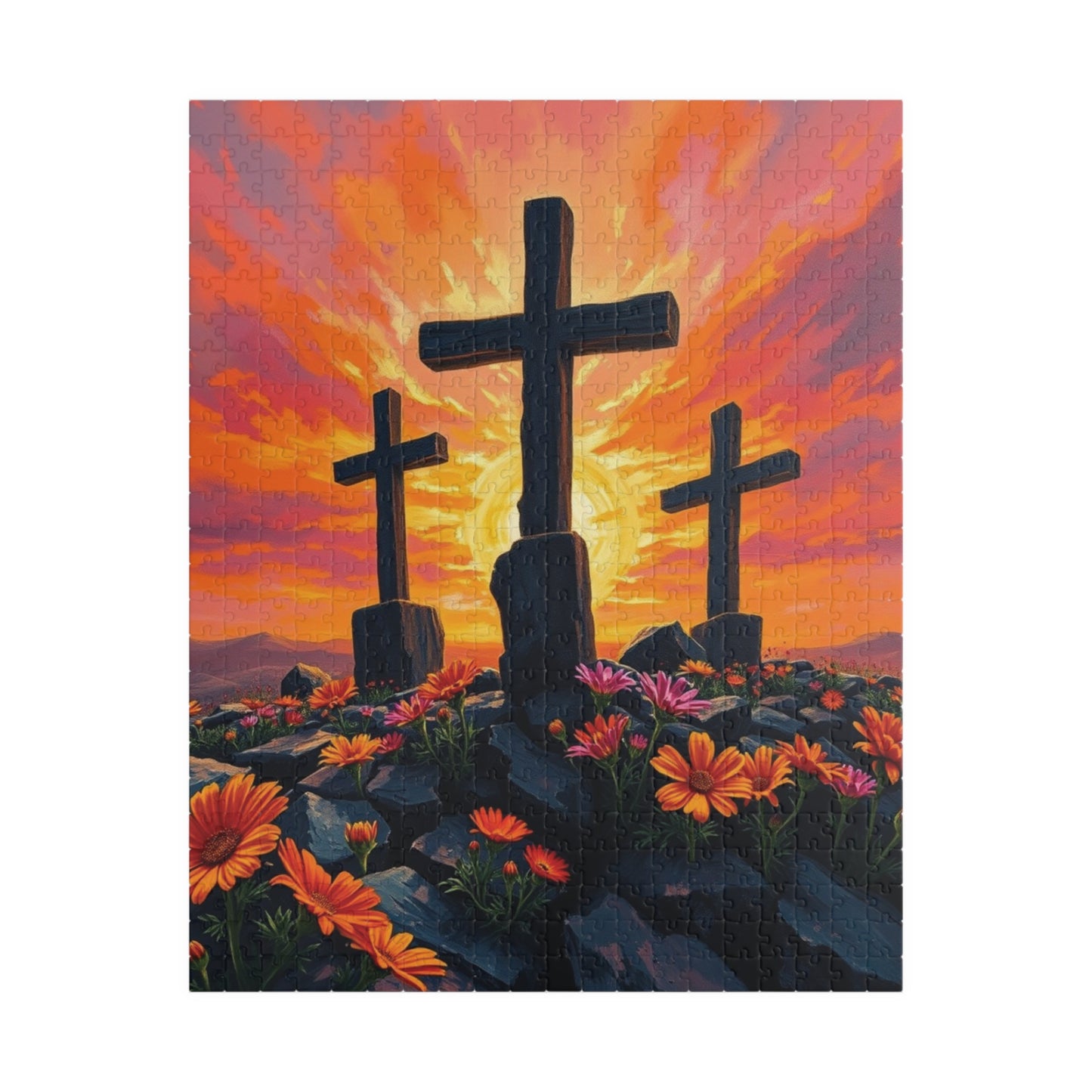 Three Crosses Sunrise Puzzle, Christian Wildflower Jigsaw Game, Spiritual Uplifting Scene with Wooden Crosses, Religious Puzzle Lover Gift 520 pcs (Vertical) Puzzle The Puzzle Chest