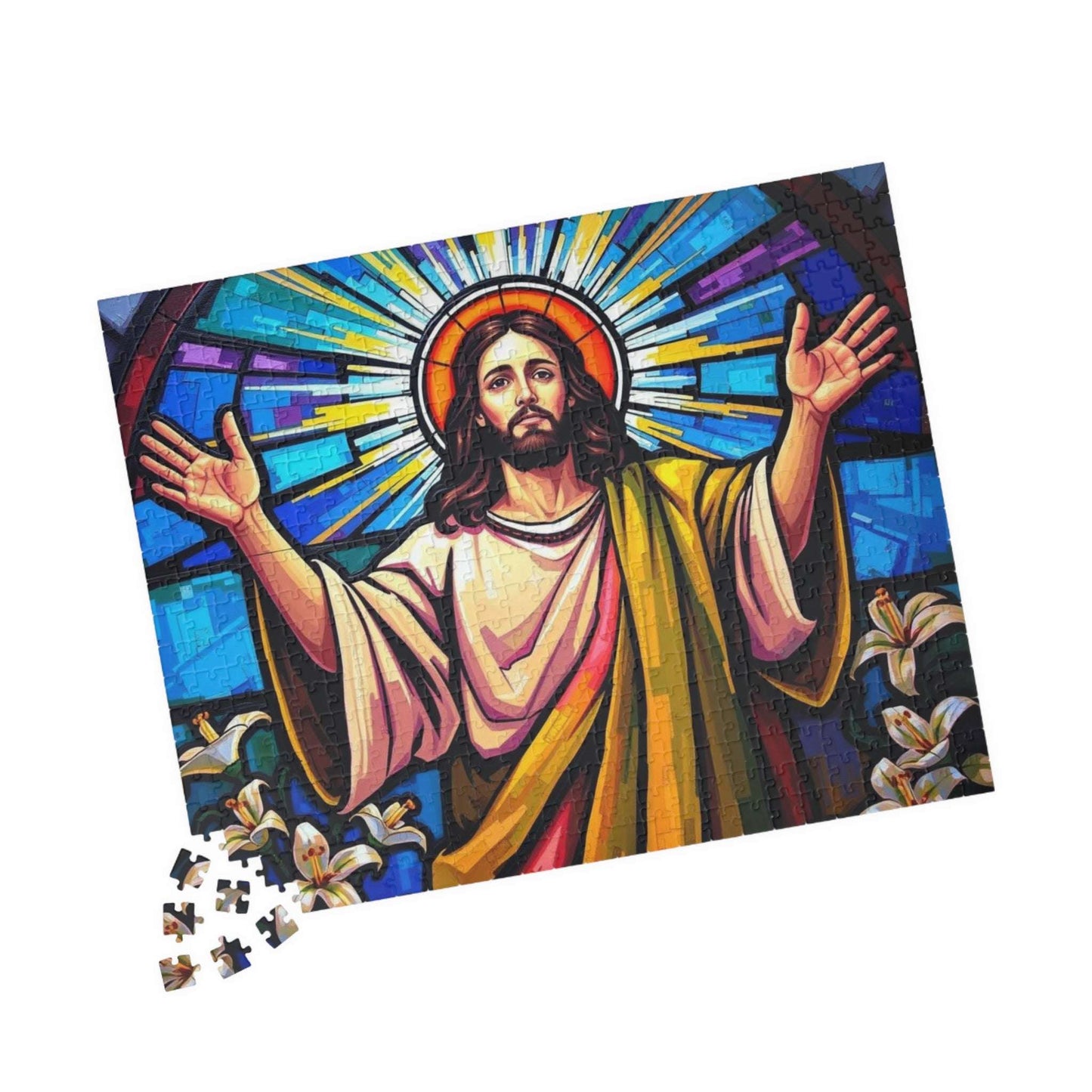 Religious Puzzle Art - Jesus in Stained Glass Style, 110-1014 Piece, Challenging Brain Teaser, Faith-Based Gift for Friends, Family Activity 520 pcs (Horizontal) Puzzle The Puzzle Chest
