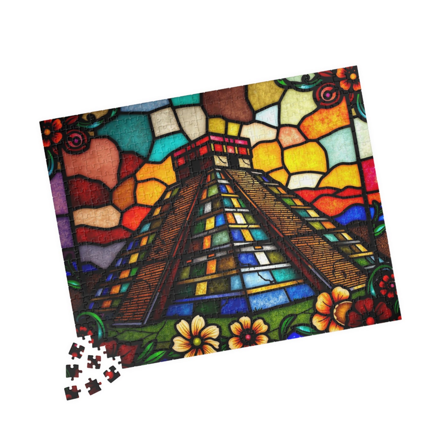 Stained Glass Chichen Itza Pyramid Jigsaw Puzzle, Historic Mayan Famous Landmark, Travel-Inspired Frameable Art Giftable Puzzle Puzzle The Puzzle Chest