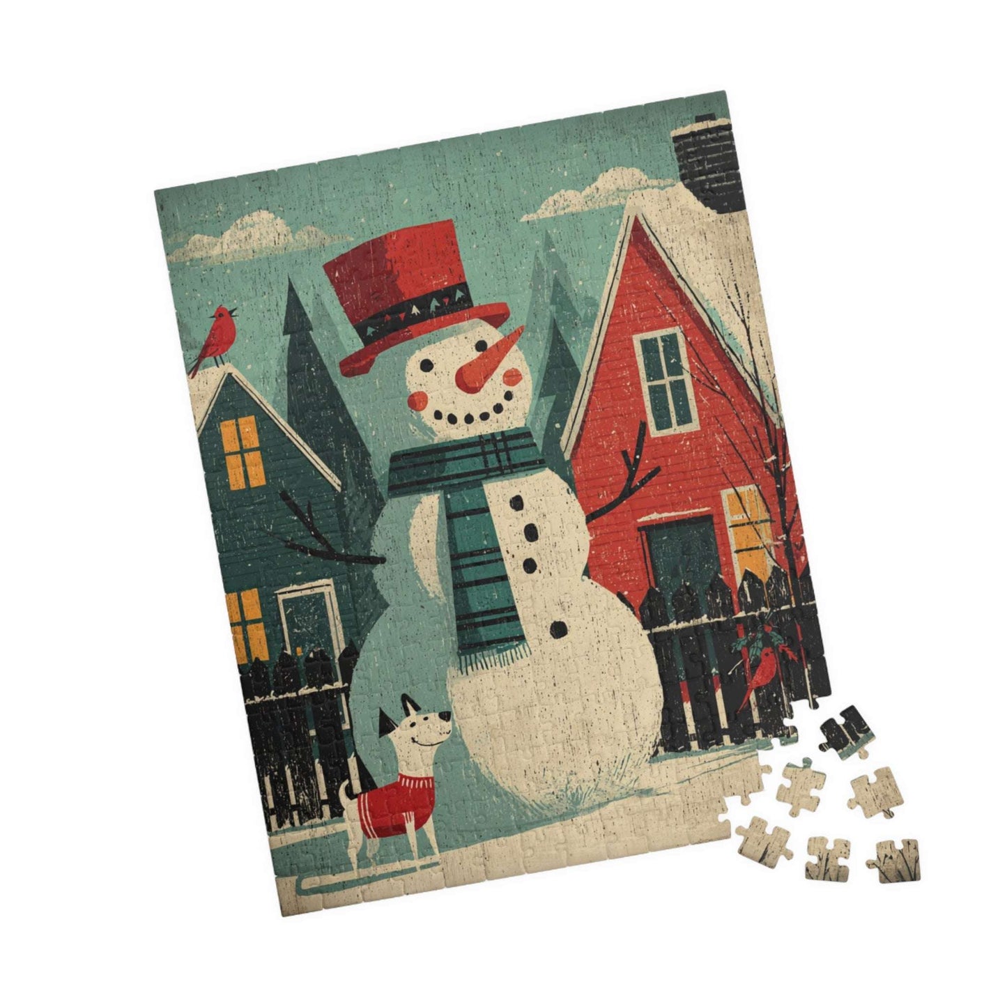 Retro Holiday Cheer Puzzle - Snowman and Dog, Winter Vintage Style Illustration, Ideal for Holiday Activity, Family Game, Festive Gifts 252 pcs (Vertical) Puzzle The Puzzle Chest