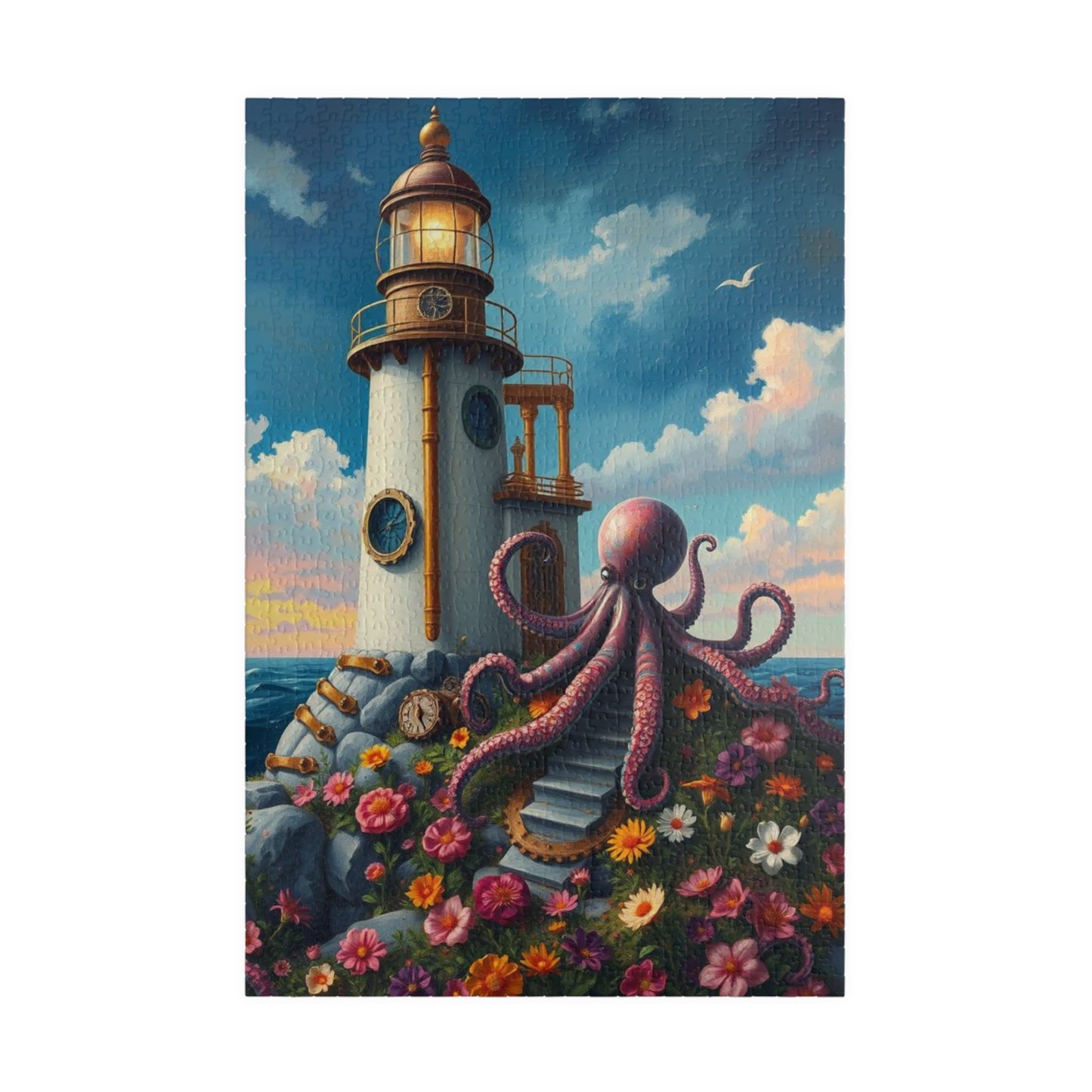 Whimsical Octopus Lighthouse Puzzle, 110 252 520 1014-piece Steampunk Animal Jigsaw, Fun Gift for Ocean Lovers, Family Game Night, Nautical 1014 pcs (Vertical) Puzzle The Puzzle Chest