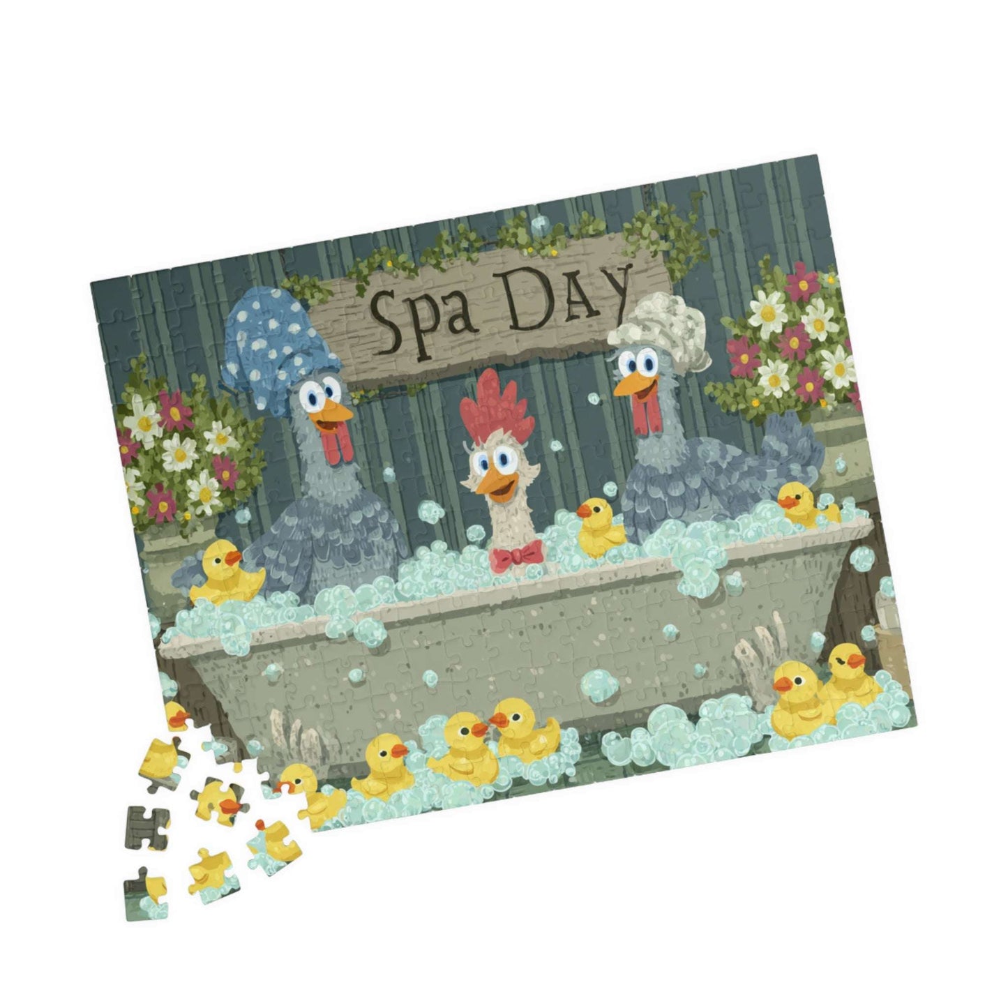 Funny Rubber Duck Chicken Puzzle – Quirky Chickens in Bubble Bath with Ducks, Whimsical Fairy-Tale Jigsaw Puzzle 252 pcs (Horizontal) Puzzle The Puzzle Chest