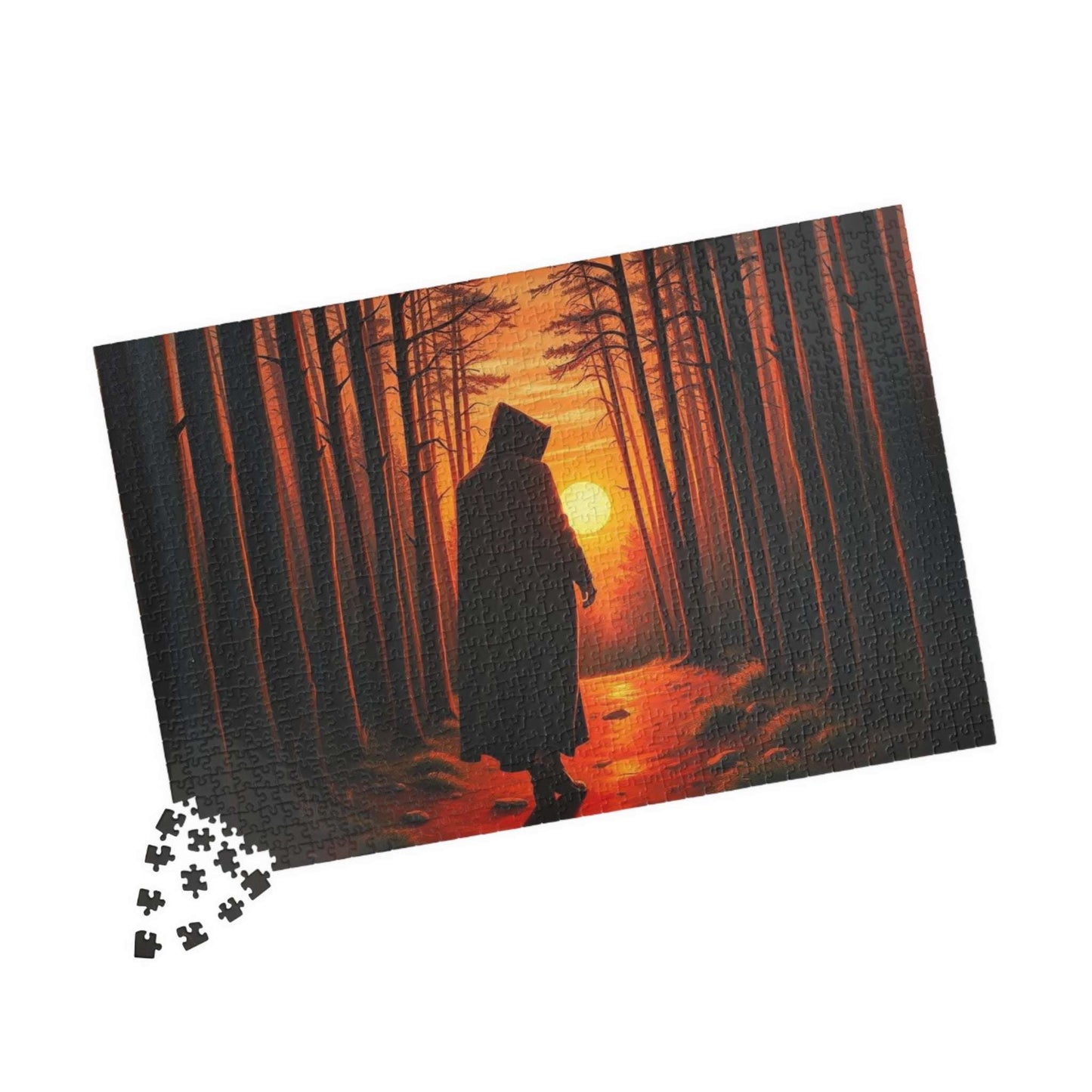 The Silent Passage Jigsaw Puzzle - Cloaked Figure Hollow Grove Eerie Sunset, Gothic Puzzle, Moody Landscape Puzzle, Dark Fantasy Art Puzzle Puzzle The Puzzle Chest