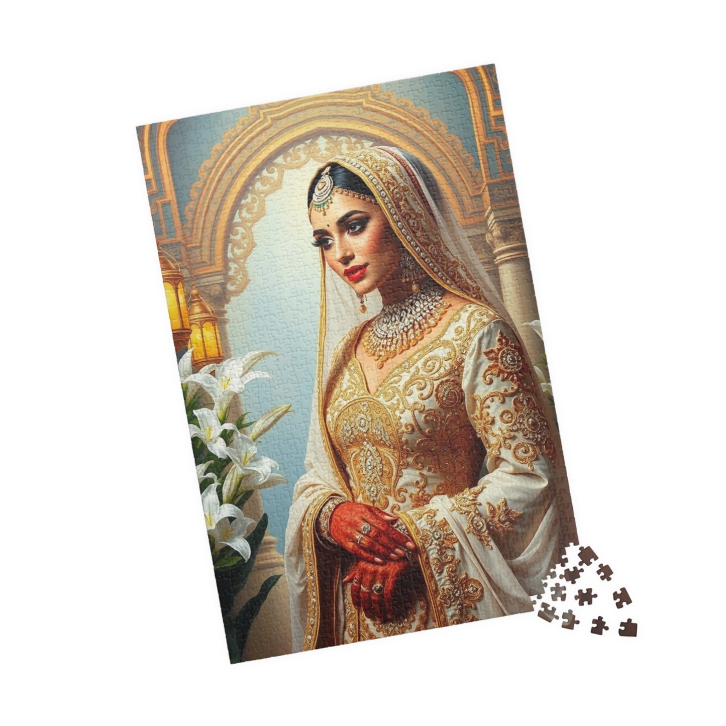 Middle Eastern Bride Puzzle with Gold Ivory Kaftan and Lanterns, Family Friendly Wedding Jigsaw Game, Mindful Activity, Puzzle Lover Gift Puzzle The Puzzle Chest