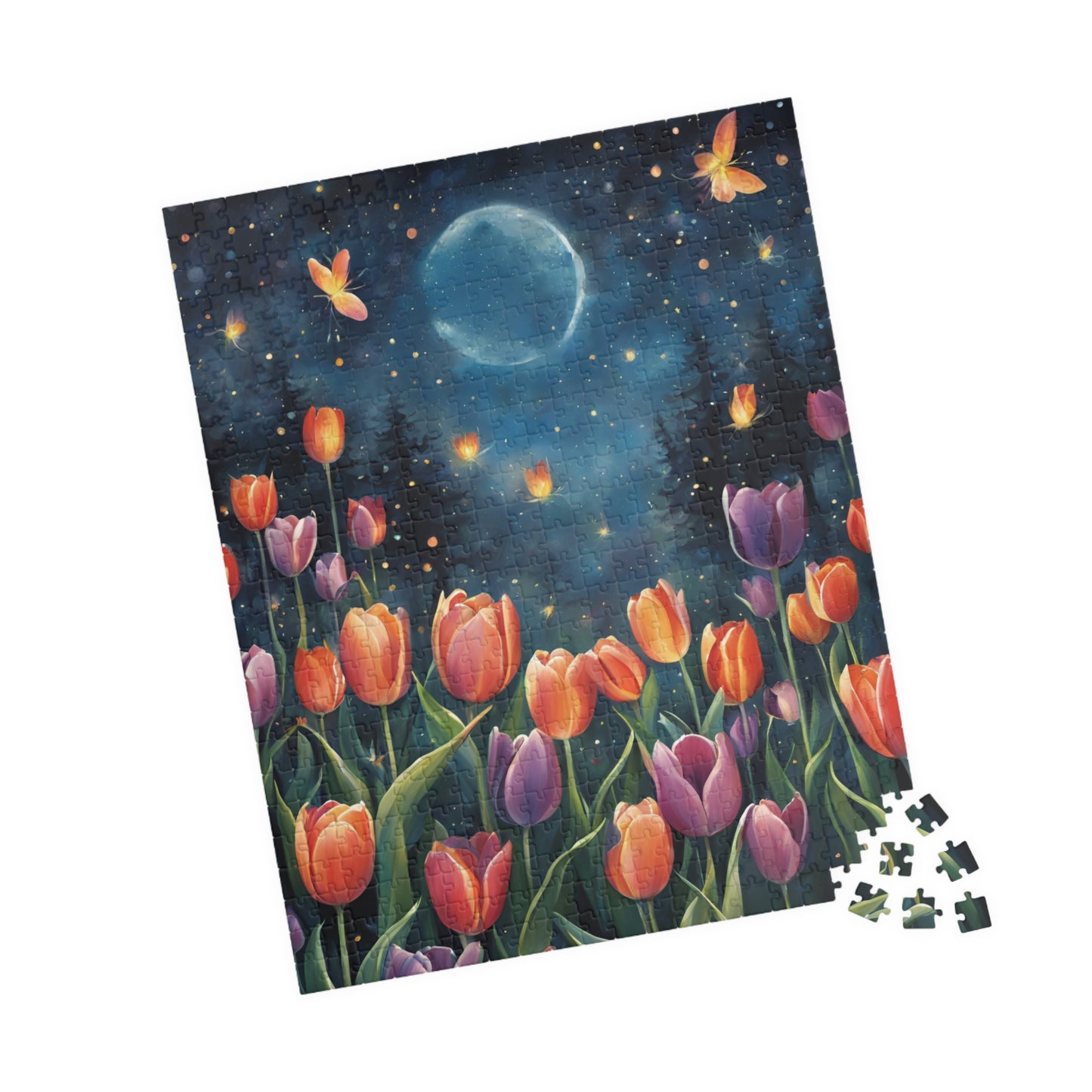 Moonlit Tulip Garden Puzzle, Glowing Tulips and Fireflies Tranquil Night Fantasy Adult Jigsaw Game, Nature-Inspired Gift for Puzzle Fanatic Puzzle The Puzzle Chest