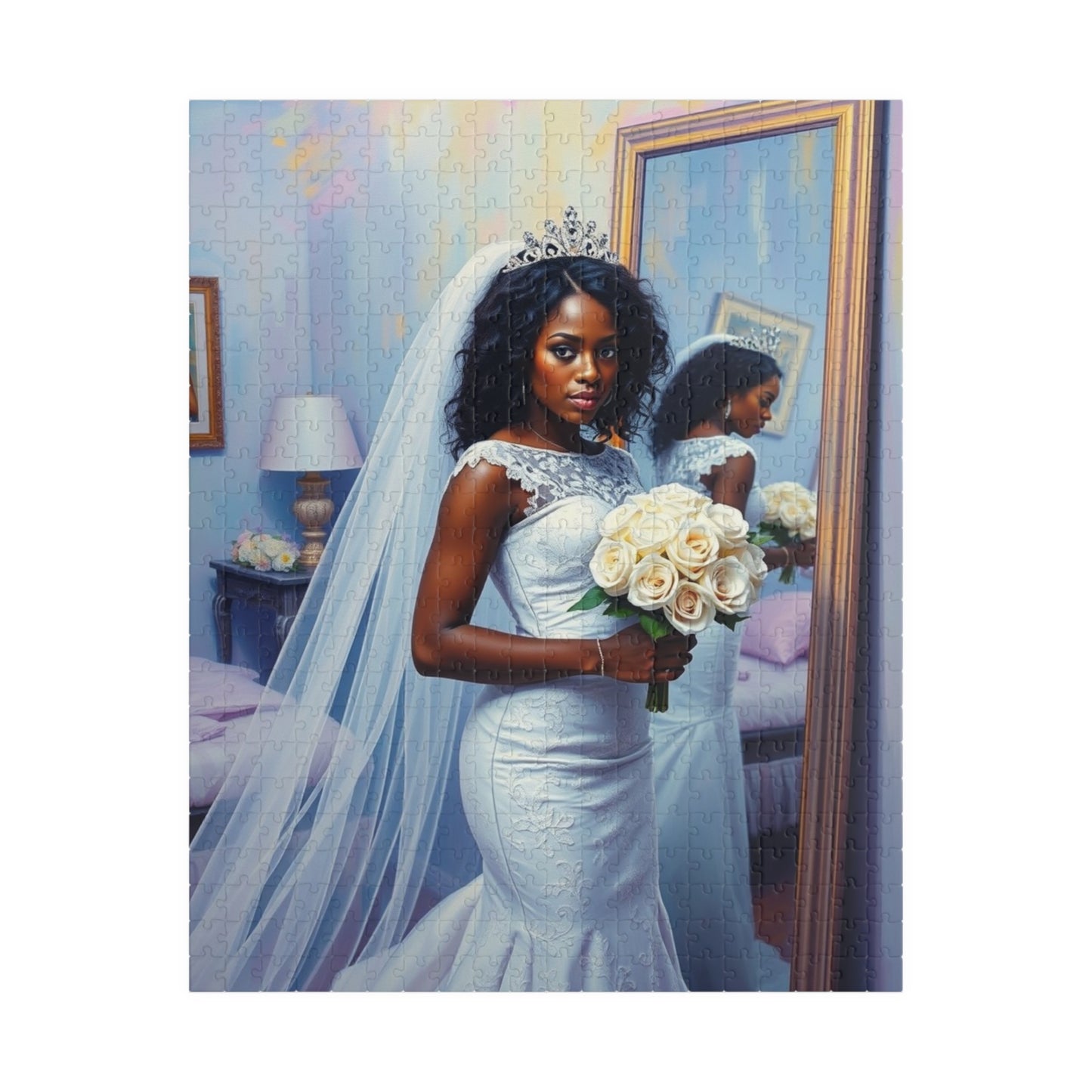 African American Bride Puzzle, White Lace Gown and Tiara, Black Woman Wedding Day Reflection Jigsaw Game 520 pcs (Vertical) Puzzle The Puzzle Chest