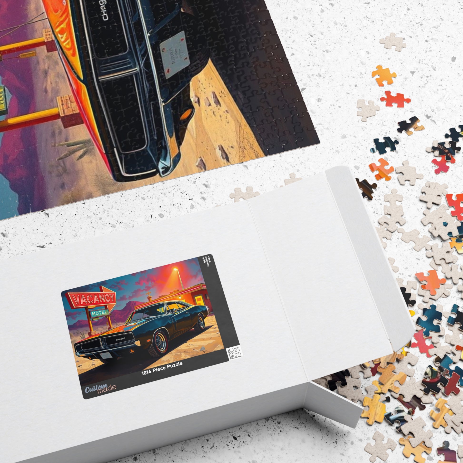 Vintage Muscle Car Puzzle, Black 1969 Charger, Classic Car Desert Motel Scene Jigsaw Game Puzzle The Puzzle Chest