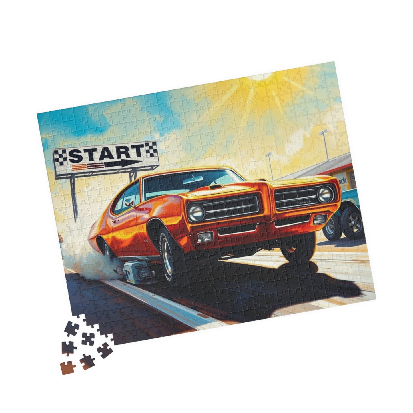Vintage Muscle Car Puzzle, Classic Metallic Orange 1969 GTO, Drag Race Strip Scene Jigsaw Game for Him Puzzle The Puzzle Chest