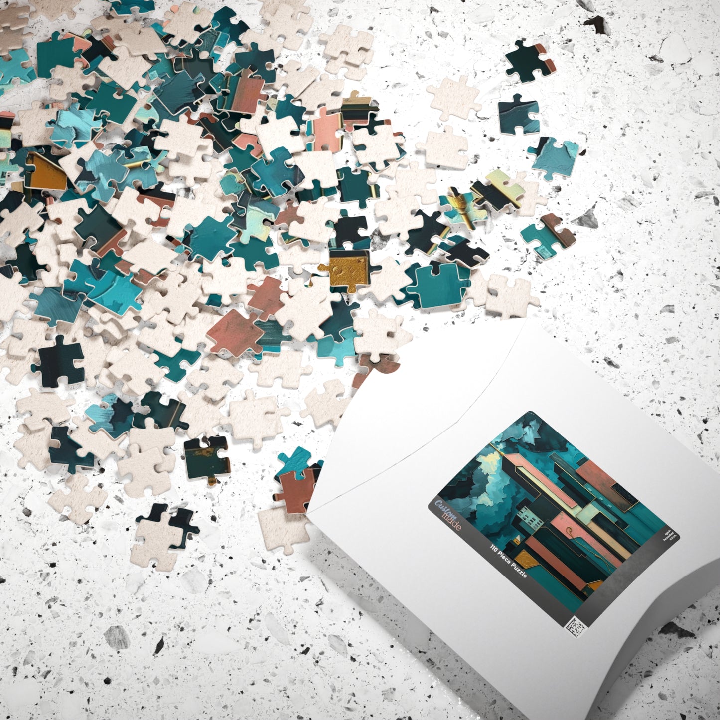 Abstract Cityscape Jigsaw Puzzle - Metallic Pastel Teal Geometric Shapes Puzzle The Puzzle Chest