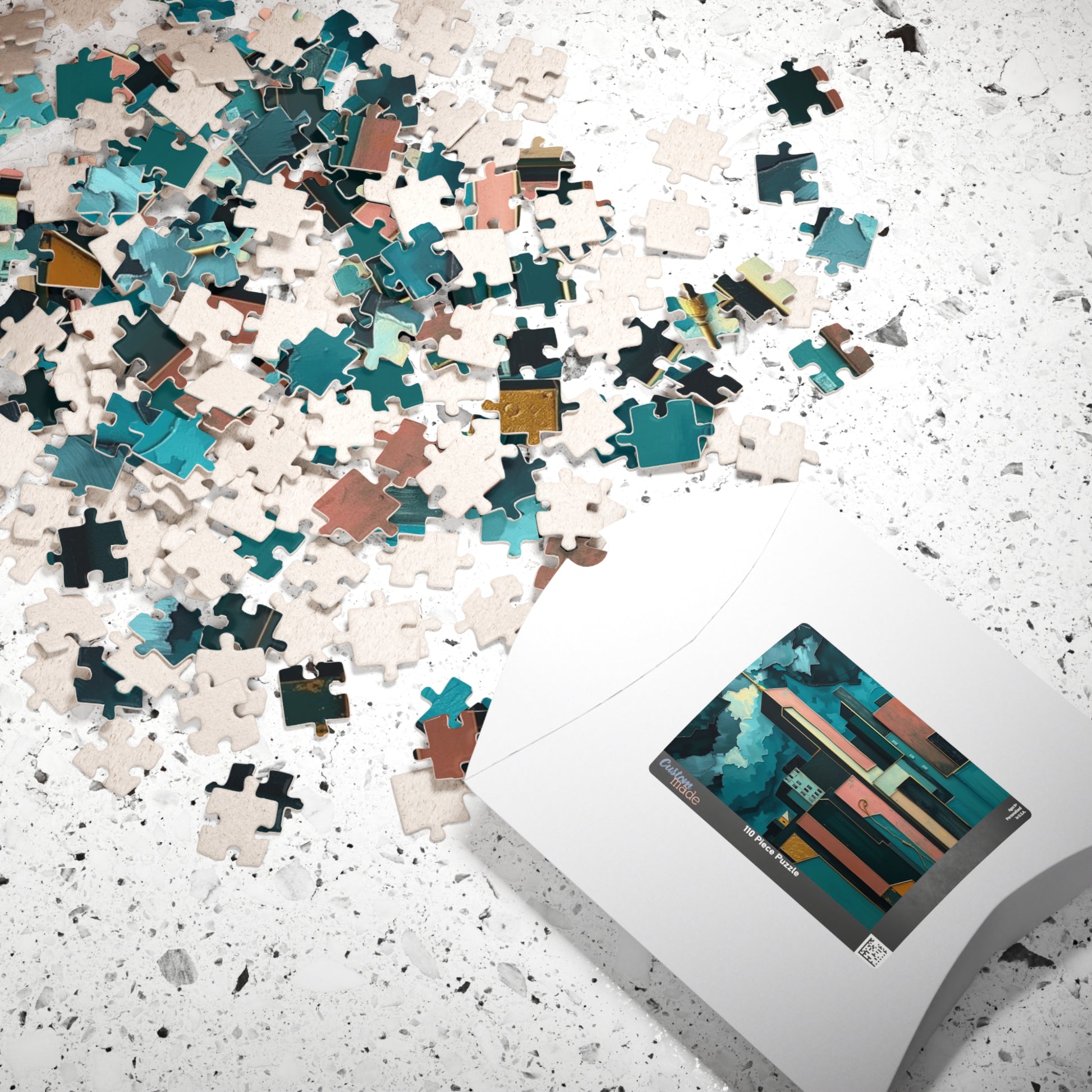 Abstract Cityscape Jigsaw Puzzle - Metallic Pastel Teal Geometric Shapes Puzzle The Puzzle Chest