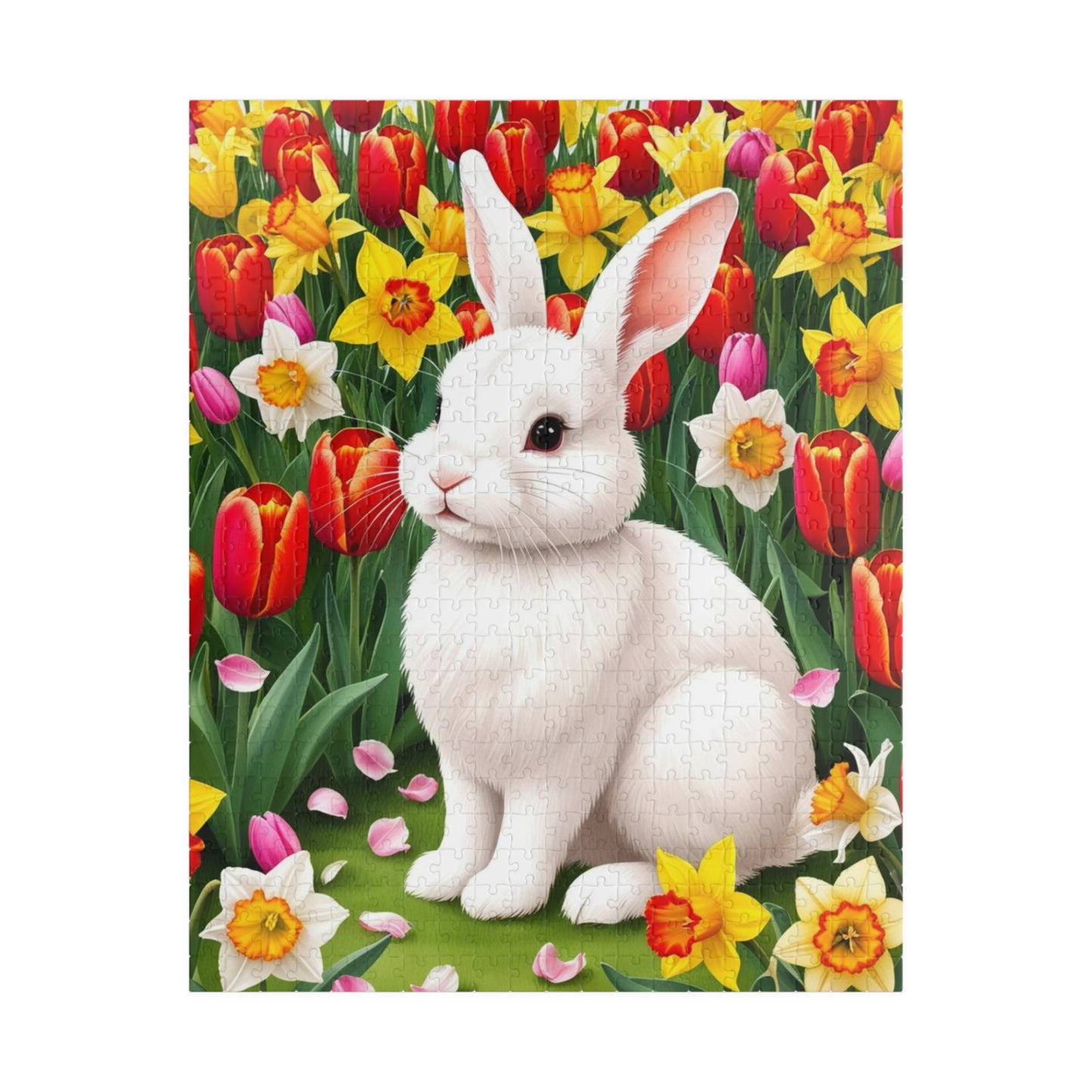 Puzzle - Fluffy Rabbit in Colorful Garden with Tulips and Daffodils, Fun Nature Jigsaw Game, Relaxing Hobby, Easter Gift, Mindful Activity 520 pcs (Vertical) Puzzle The Puzzle Chest