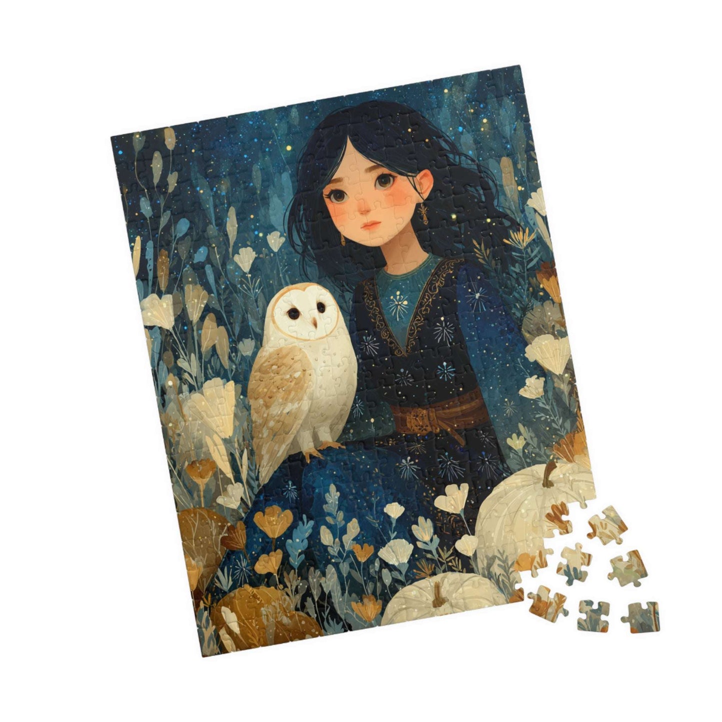 Twilight Pumpkin Grove Fairy-Tale Puzzle - Dark Haired Girl and Wise Owl, Nature Lovers Gift, Family Activity, Home Entertainment 252 pcs (Vertical) Puzzle The Puzzle Chest