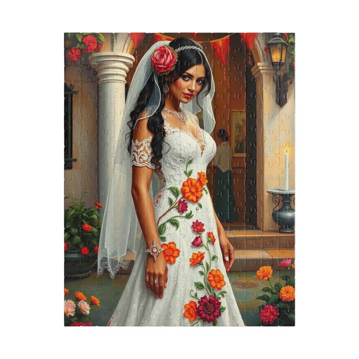 Puzzle - Mexican Bride in Lace Gown, Otomi Flowers Hacienda Candles, 110-1014 Piece Jigsaw, Wedding Dress Design, Cultural Artwork Folklore 252 pcs (Vertical) Puzzle The Puzzle Chest