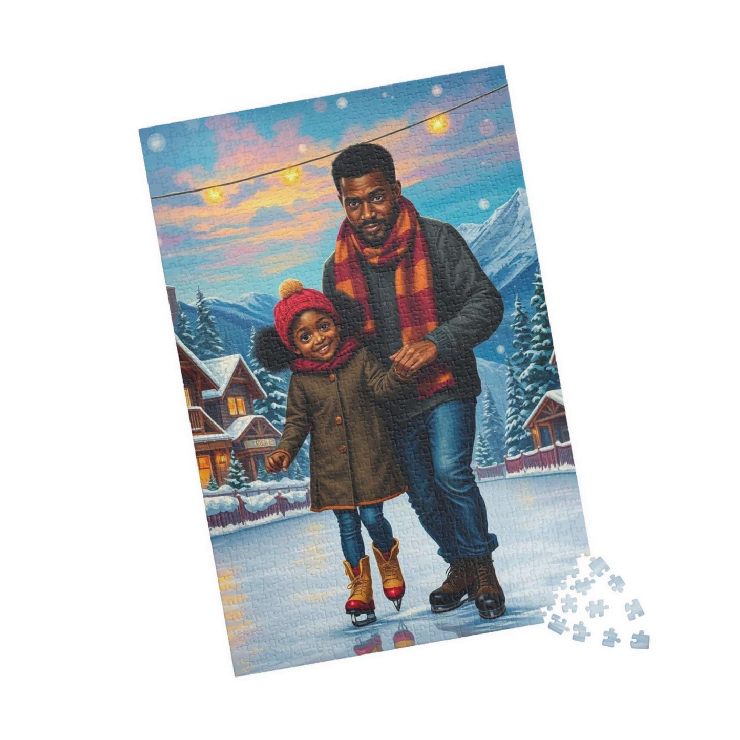 Father and Daughter Ice-skating Trip Jigsaw Puzzle, Afrocentric Artwork, Black Man Art 1014 pcs (Vertical) Puzzle The Puzzle Chest