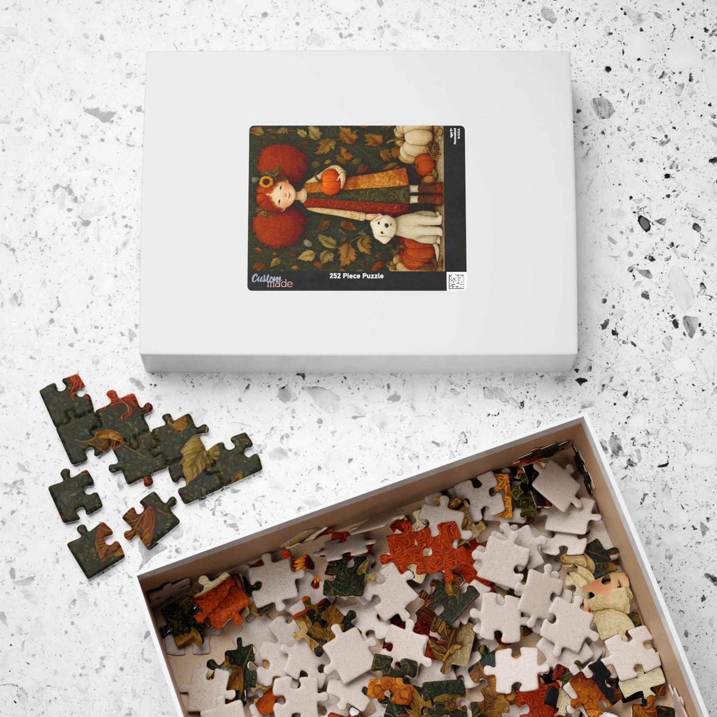 Pumpkin Patch Storybook Fairy-Tale Puzzle – Red-Haired Girl and White Terrier in a Whimsical Autumn Scene Puzzle The Puzzle Chest