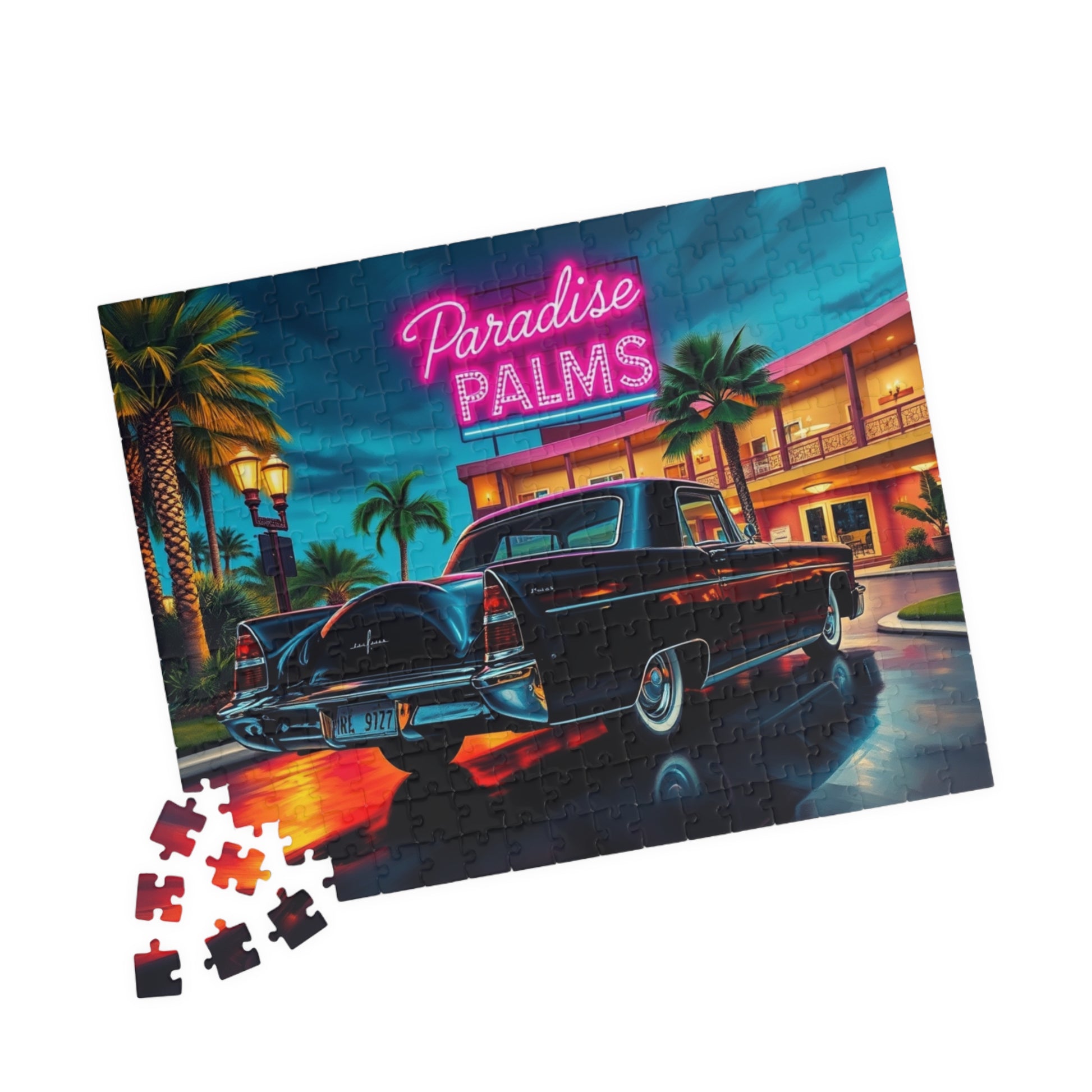 Vintage Car Jigsaw Puzzle - 1956 Continental, Retro Hotel Scene with Classic Vehicle Puzzle The Puzzle Chest