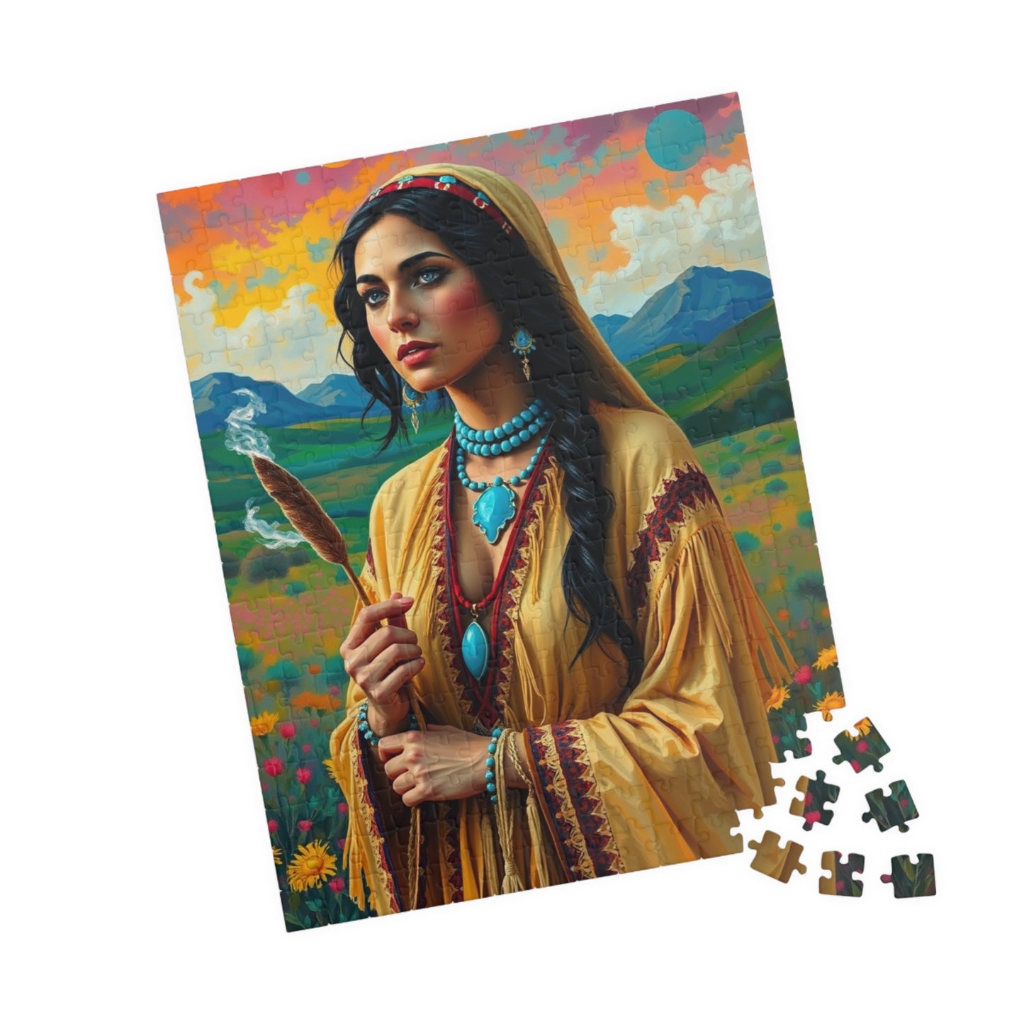 Spiritual Indigenous Bride Puzzle with Turquoise Jewelry and Smudge Stick, Colorful Landscape Wedding Jigsaw Game, Unique Puzzle Lover Gift Puzzle The Puzzle Chest