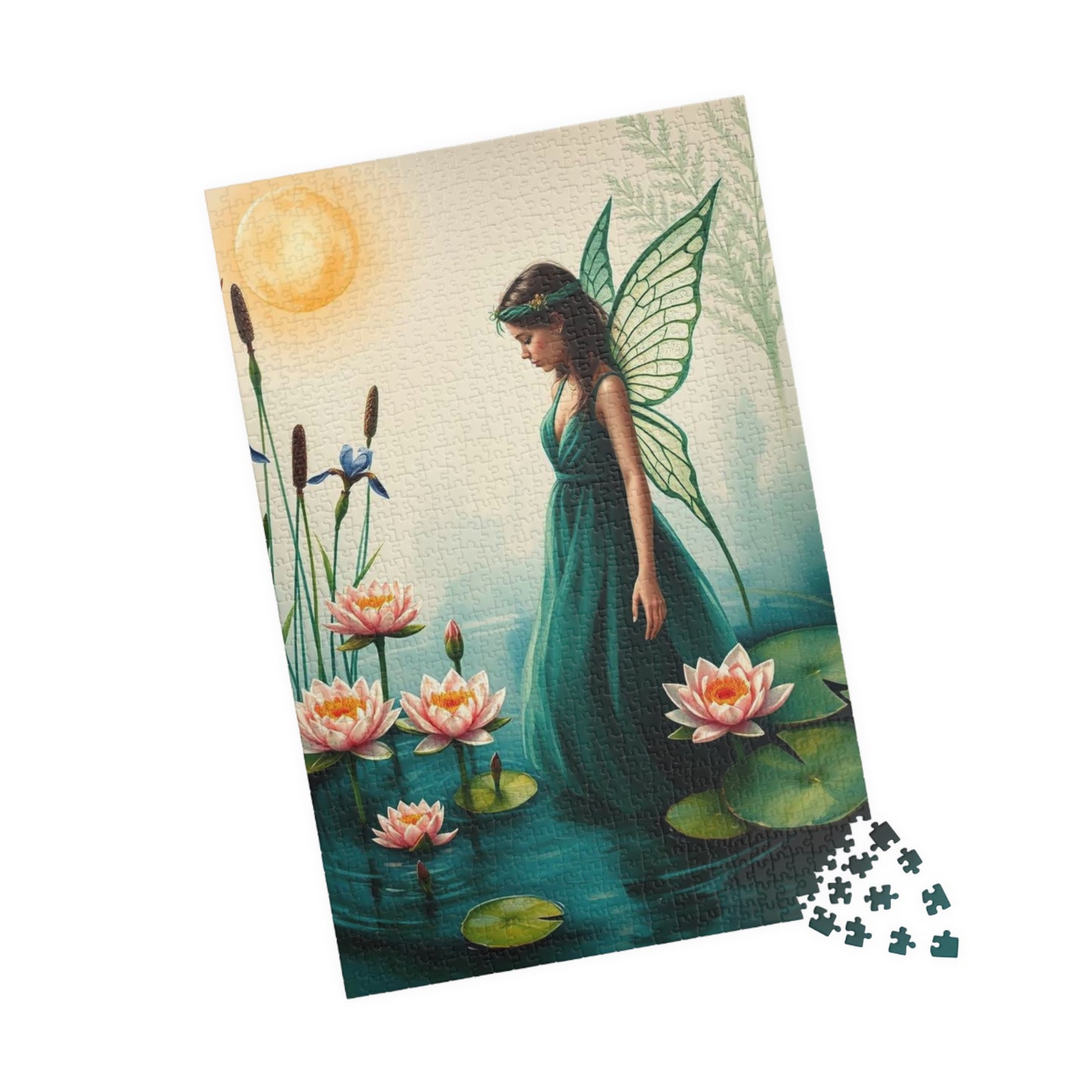 Fairy at the Lily Pond Jigsaw Puzzle - Botanical Fantasy Art in Soft Sage, 110-1014 Piece Mystical Nature Lover Gift, Family Fun Activity