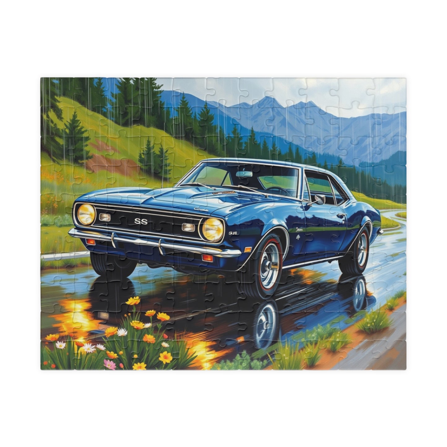 Vintage Muscle Car Jigsaw Puzzle, 1967 Chevrolet Camaro Classic Vehicle, Chevy on Rainy Road Trip Scenic Art, Car Lover Gift for Him 110 pcs (Horizontal) Puzzle The Puzzle Chest