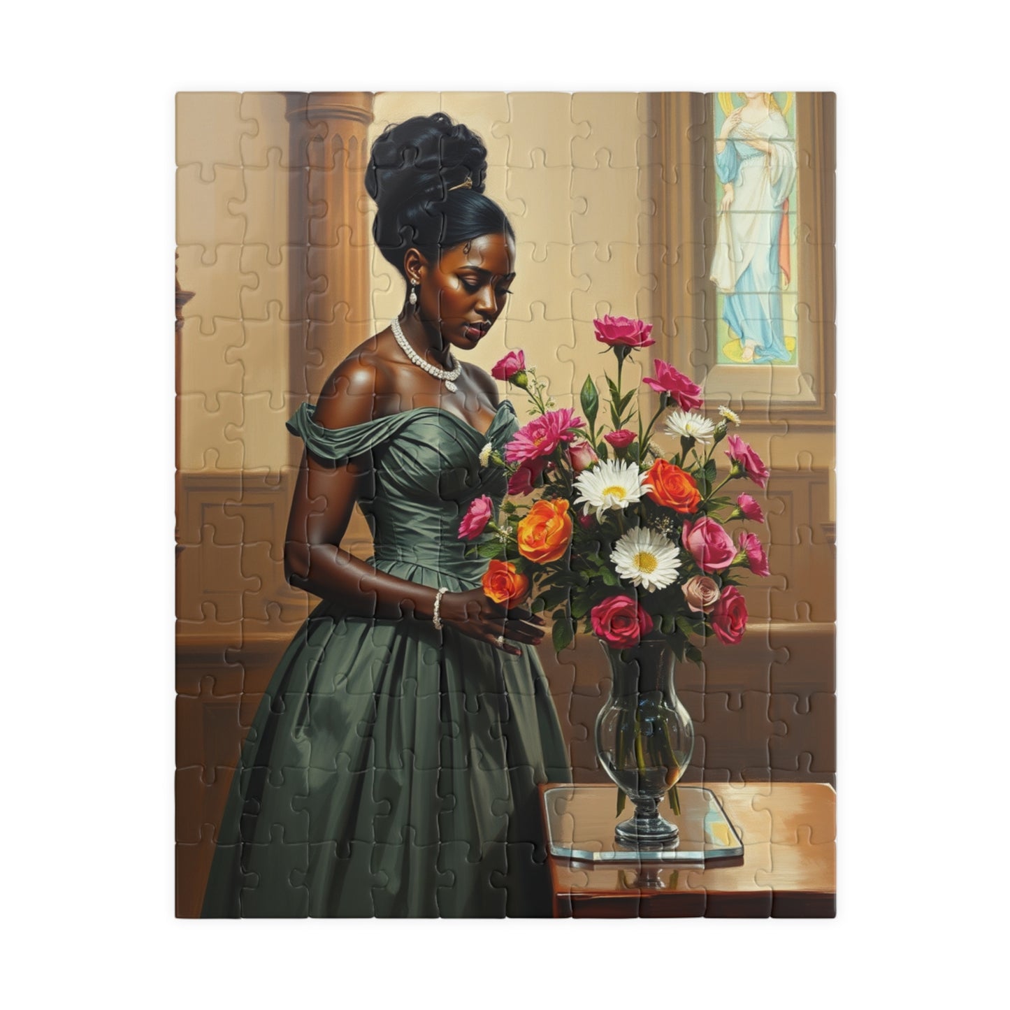 Elegant Black Woman Puzzle, Victorian Style African American Lady Arranging Flowers by Church Altar, Hobby Gift for Puzzle Lover 110 pcs (Vertical) Puzzle The Puzzle Chest