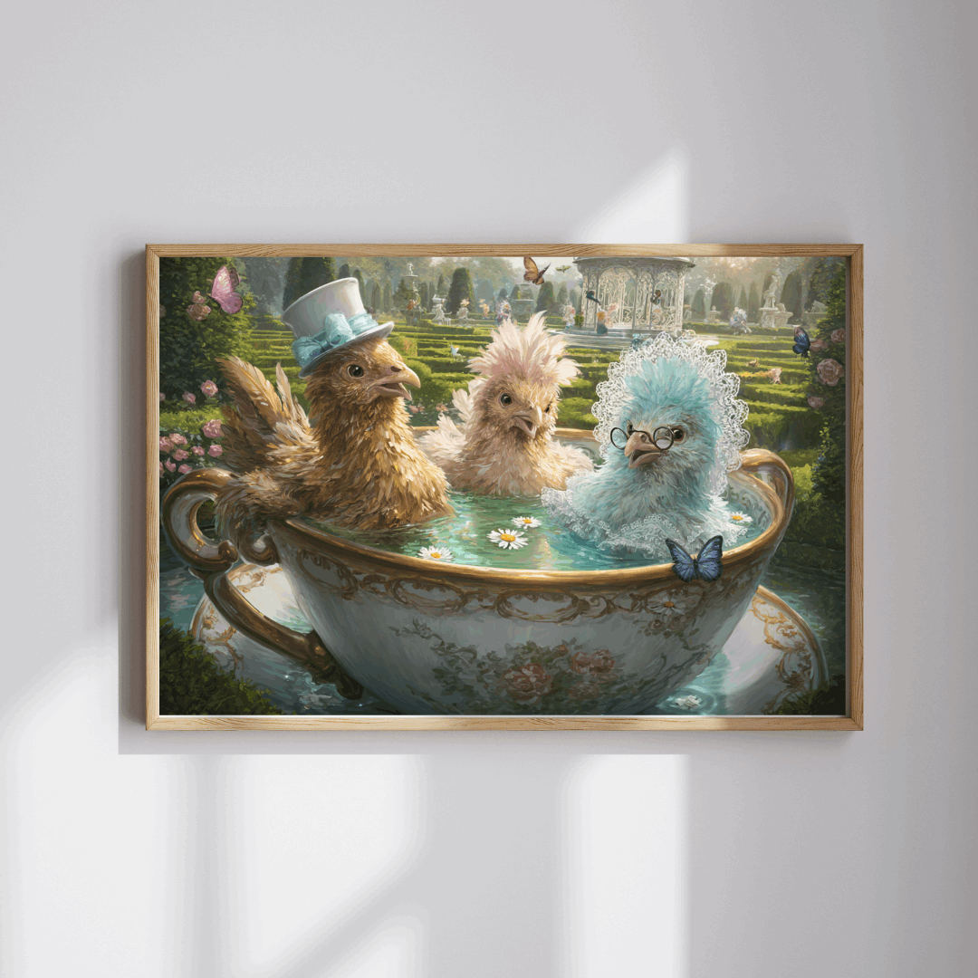 Whimsical Garden Tea Chicken Puzzle – Three Fancy Chickens in Giant Teacup Bath with Flowers, Fairy-Tale Farm Animal Jigsaw Puzzle The Puzzle Chest