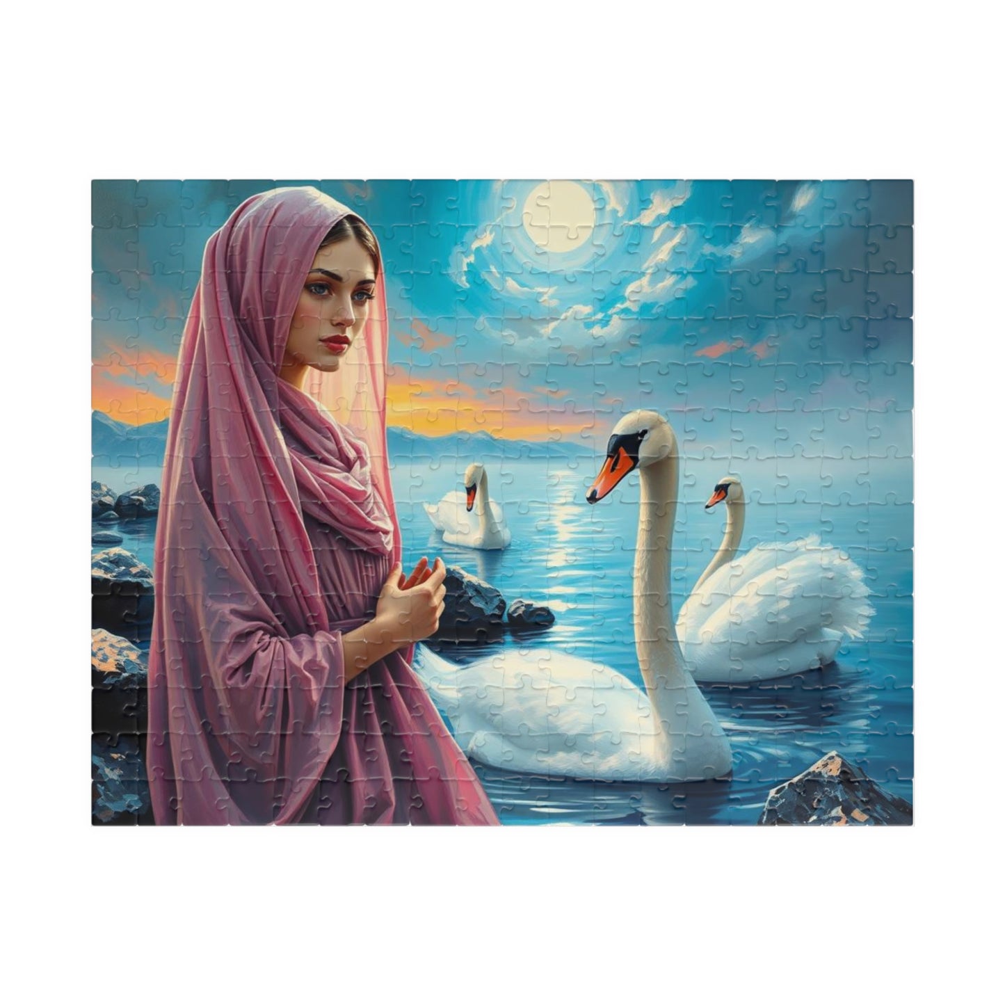 Echo of Avalon Jigsaw Puzzle, Mystic Lake with Swans Veiled Women, Dark Fantasy Puzzle, Gothic Puzzle Gift for Art Lover, Solo Fun, Game Night 252 pcs (Horizontal) Puzzle The Puzzle Chest