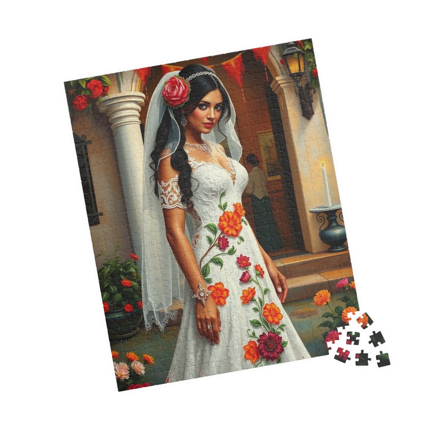 Puzzle - Mexican Bride in Lace Gown, Otomi Flowers Hacienda Candles, 110-1014 Piece Jigsaw, Wedding Dress Design, Cultural Artwork Folklore Puzzle The Puzzle Chest