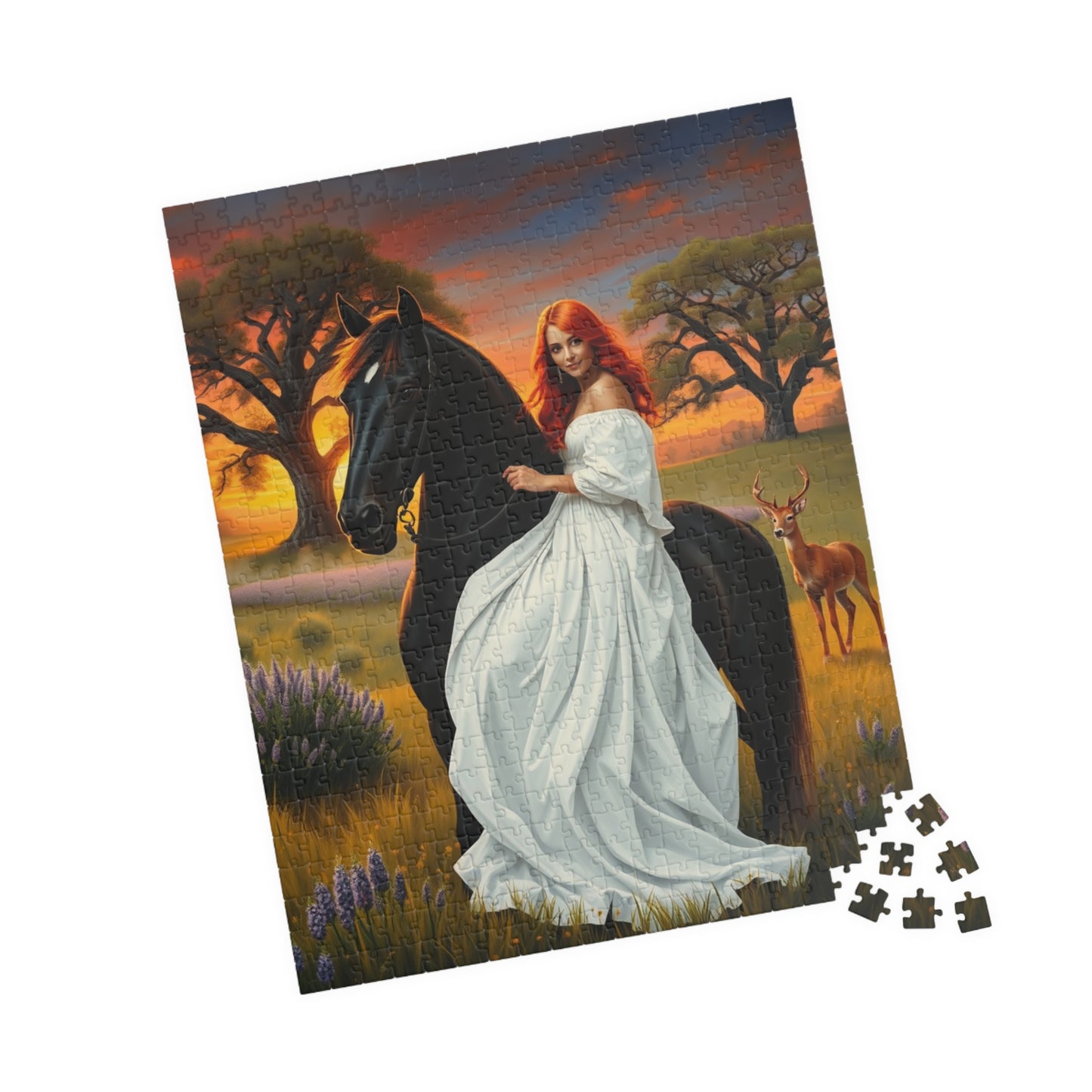 Puzzle, Woman with Vibrant Red Hair and White Flowing Dress Rides a Black Stallion, Jigsaw, Game, Brain Teaser, Activity, Relaxation, Home Puzzle The Puzzle Chest