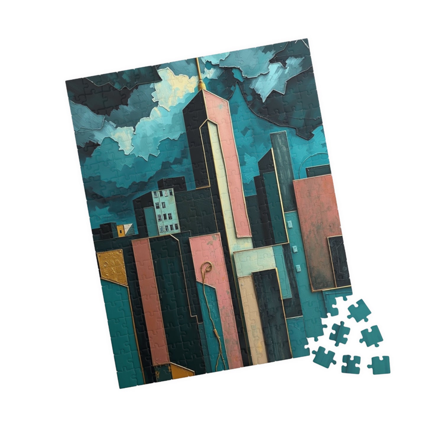 Abstract Cityscape Jigsaw Puzzle - Metallic Pastel Teal Geometric Shapes Puzzle The Puzzle Chest