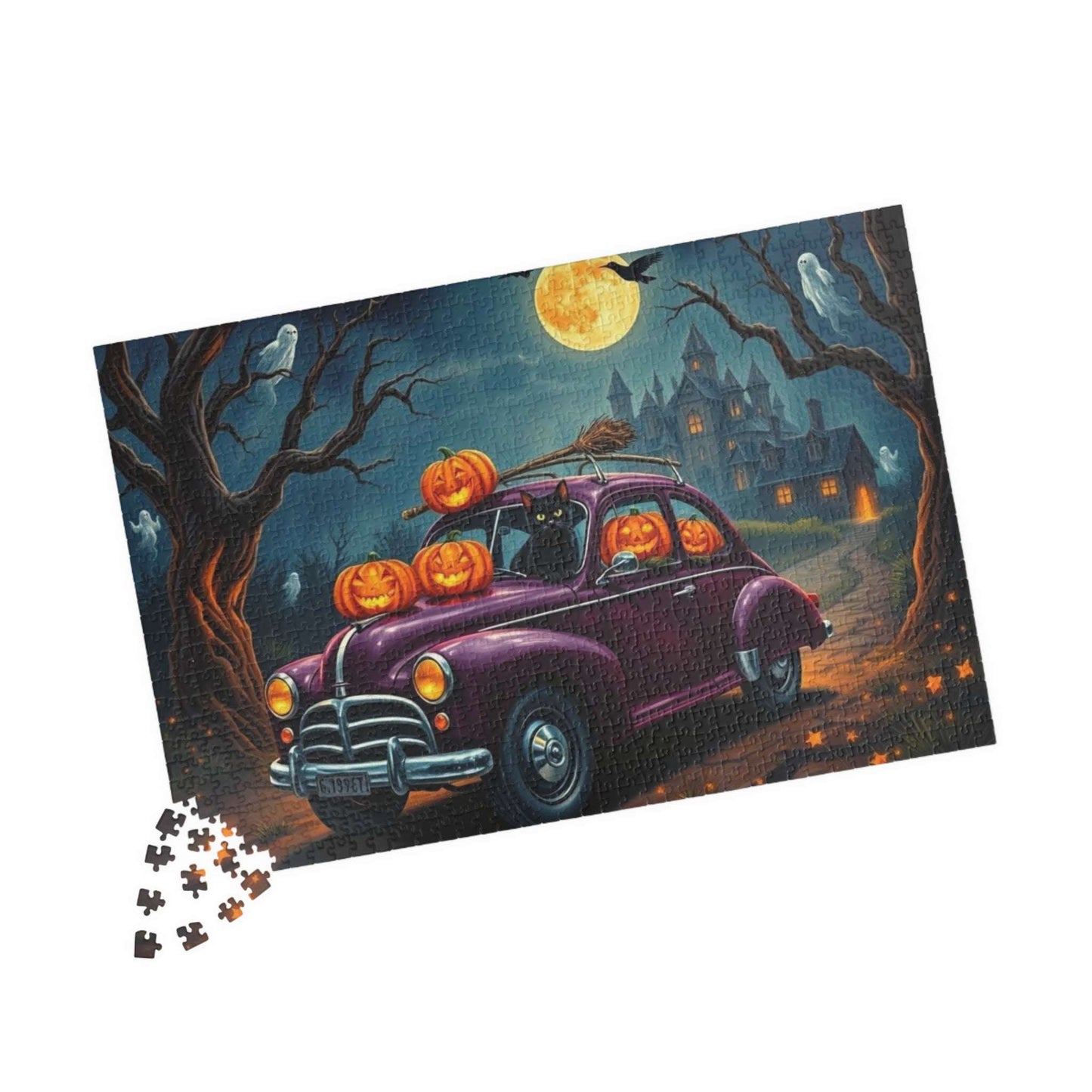 Halloween-Themed Vintage Car Jigsaw Puzzle with Cats, Ghosts and Pumpkins