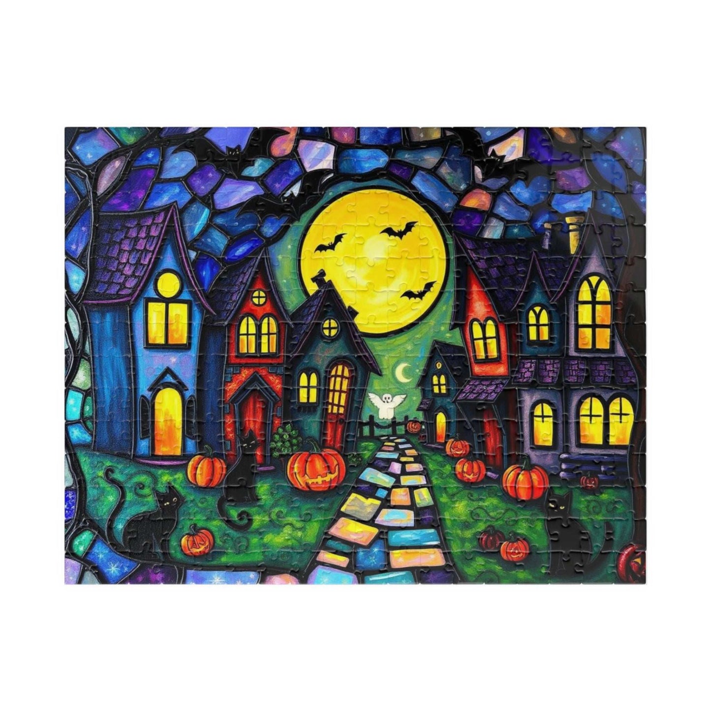 Halloween Puzzle for Adults - Spooky Village Black Cat Scene