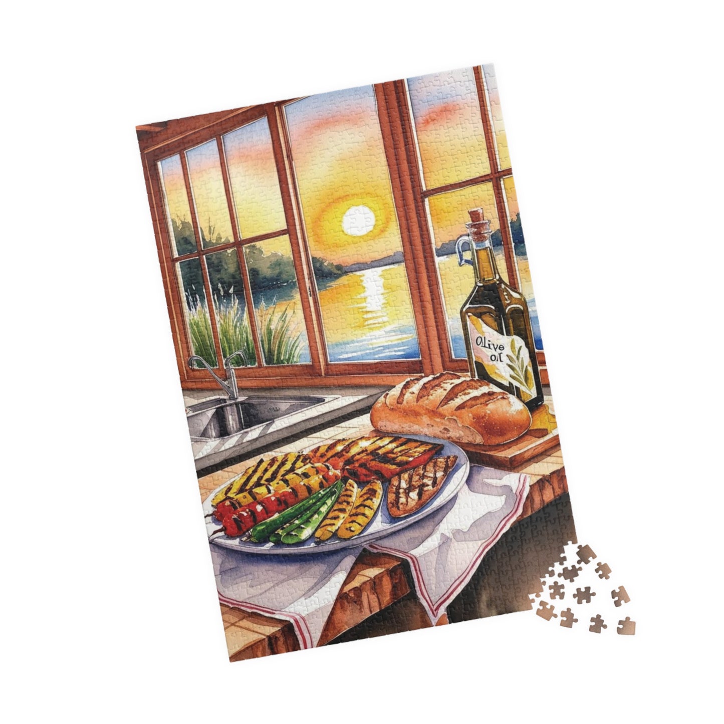 Foodie Kitchen Sunset Jigsaw Puzzle, Serene Lake View Dinner Table Scene, Frameable Culinary Art, Puzzle Enthusiast Gift for Friend 1014 pcs (Vertical) Puzzle The Puzzle Chest