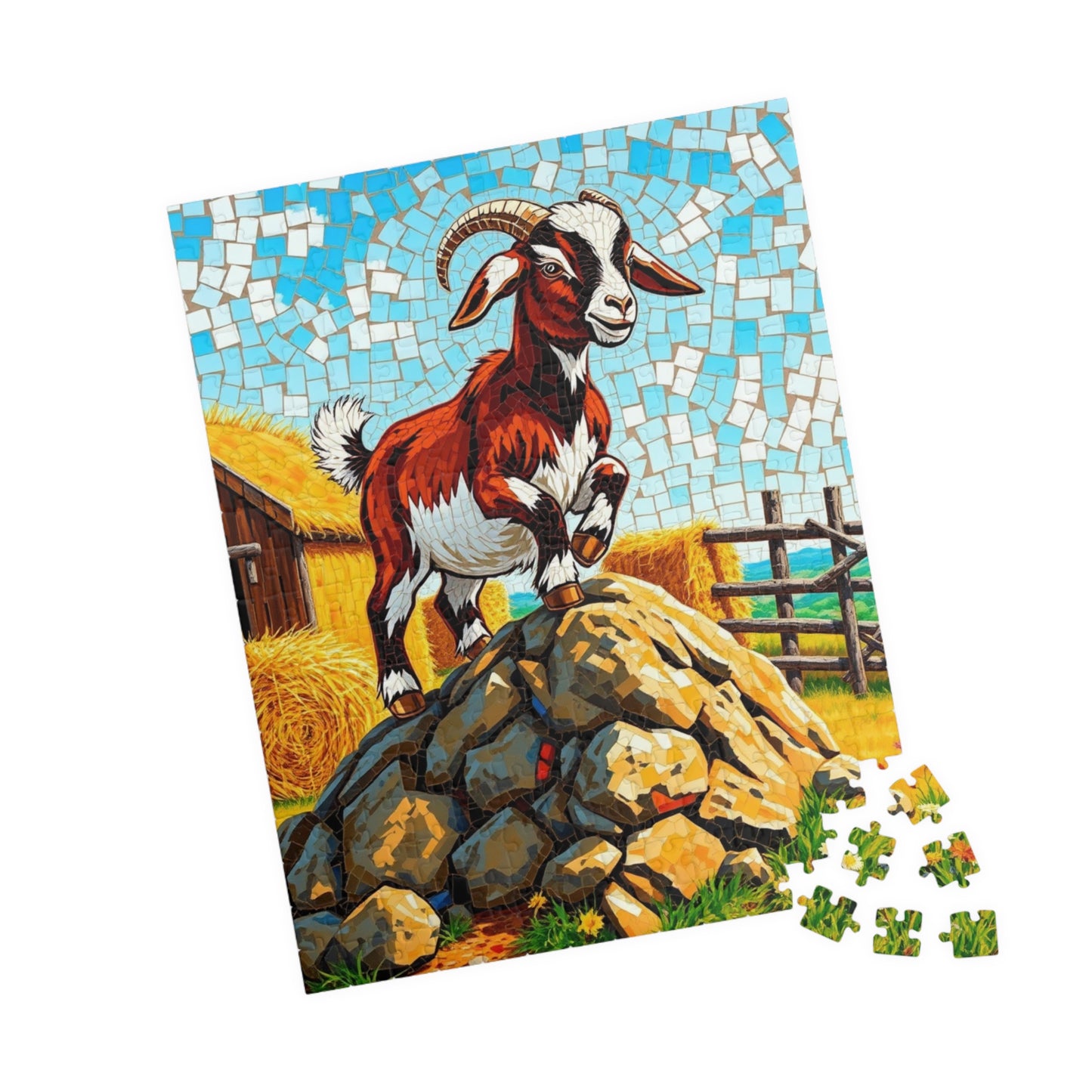 Playful Goat Mosaic Puzzle, Goat on Rocky Hill, Sunny Farm Scene Jigsaw Game for Adults, Family Activity, Mindful Puzzle Lover Gift Puzzle The Puzzle Chest