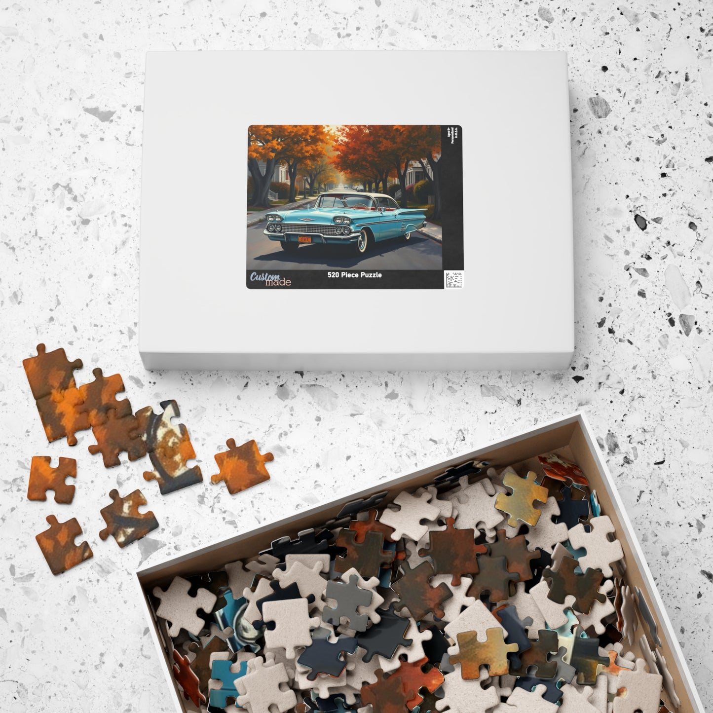 Vintage Car Jigsaw Puzzle, Classic 1958 Impala, Retro 1950s Flower-Lined Neighborhood Scene Puzzle The Puzzle Chest