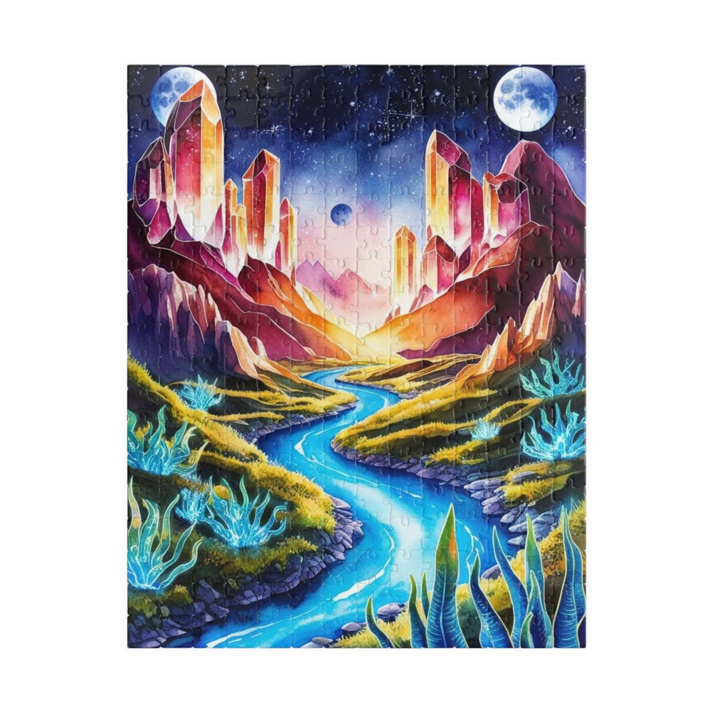 Space Puzzle - Alien Planet Landscape, Crystal Mountains, Blue Rivers, Two Moons, 520-Piece Jigsaw Game, Astronomy Gift, Galaxy Theme 252 pcs (Vertical) Puzzle The Puzzle Chest