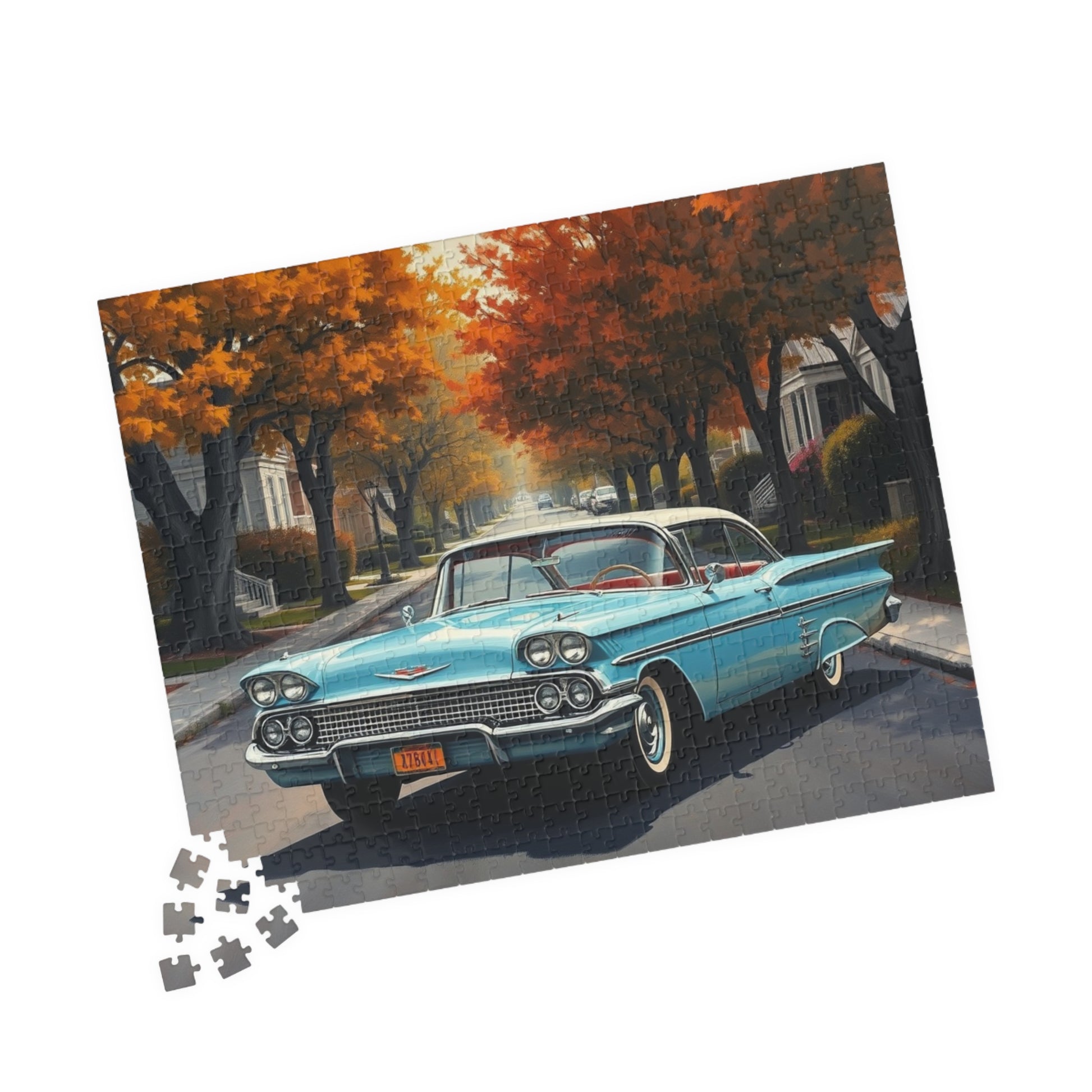 Vintage Car Jigsaw Puzzle, Classic 1958 Impala, Retro 1950s Flower-Lined Neighborhood Scene Puzzle The Puzzle Chest