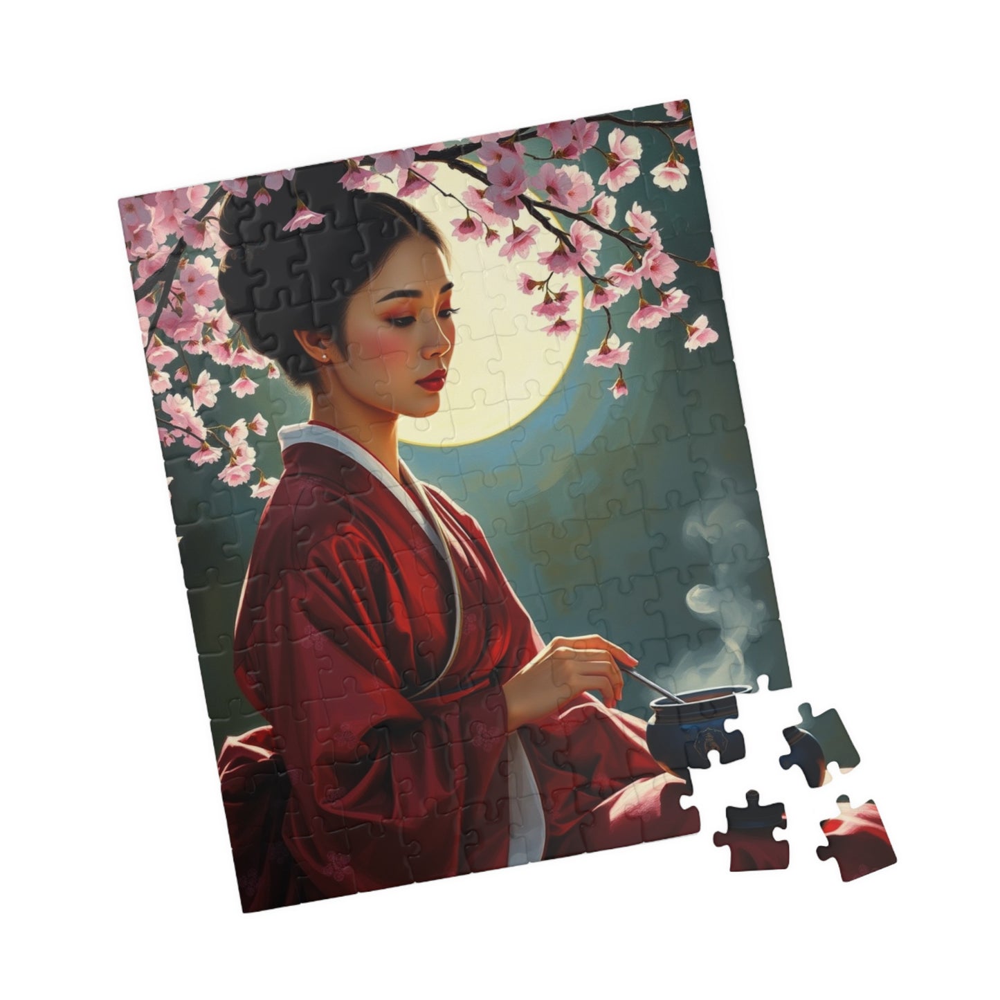 East Asian Cultural Jigsaw Puzzle (110-1014 Piece), Elegant Hanbok-Clad Woman, Traditional Tea Ceremony Under Cherry Blossom Tree, Best Gift Puzzle The Puzzle Chest