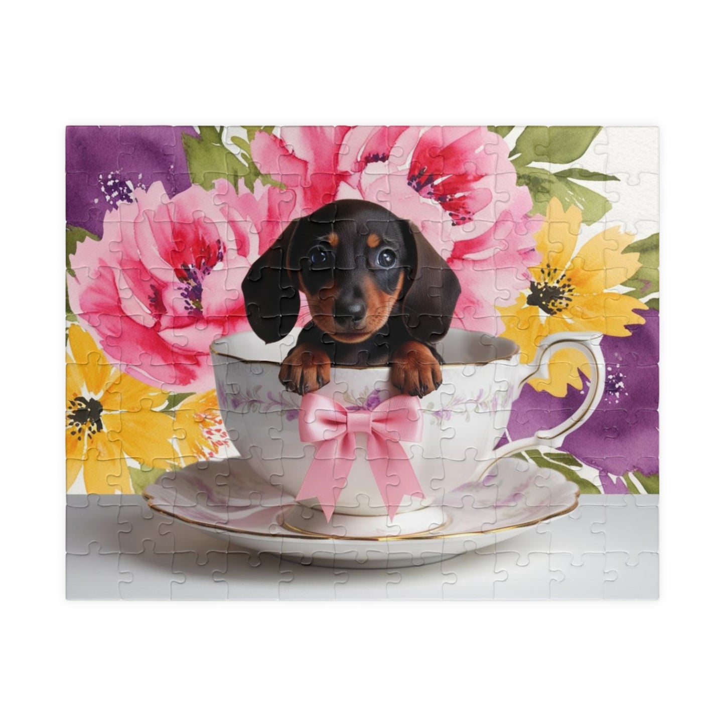 Cute Dachshund Puppy in Teacup Puzzle, Fun Family Activity, Pet Lovers Gift, 110-1014 Piece Puzzle, Dog-Themed Decor, Gift for Animal Lovers 110 pcs (Horizontal) Puzzle The Puzzle Chest