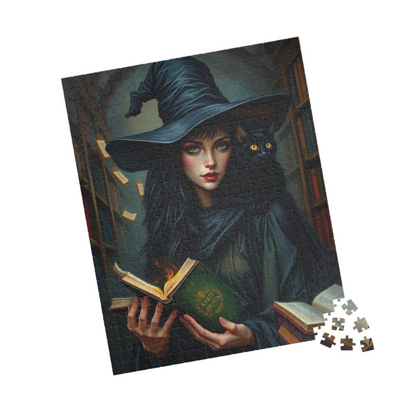 Gothic Witch Puzzle, 110, 252, 520, 1014-Piece Black Cat Dark Library Jigsaw Game for Adults, Halloween Decor, Unique Gift, Witchcraft Art Puzzle The Puzzle Chest