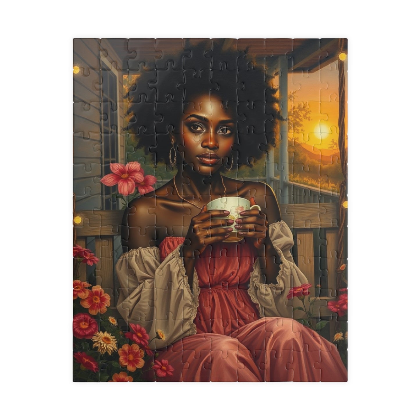 Tranquil Moment Black Art Jigsaw Puzzle, Afrocentric Artwork, Beautiful Black Woman with Coffee, African American Gift Puzzle Lover Hobbyist 110 pcs (Vertical) Puzzle The Puzzle Chest
